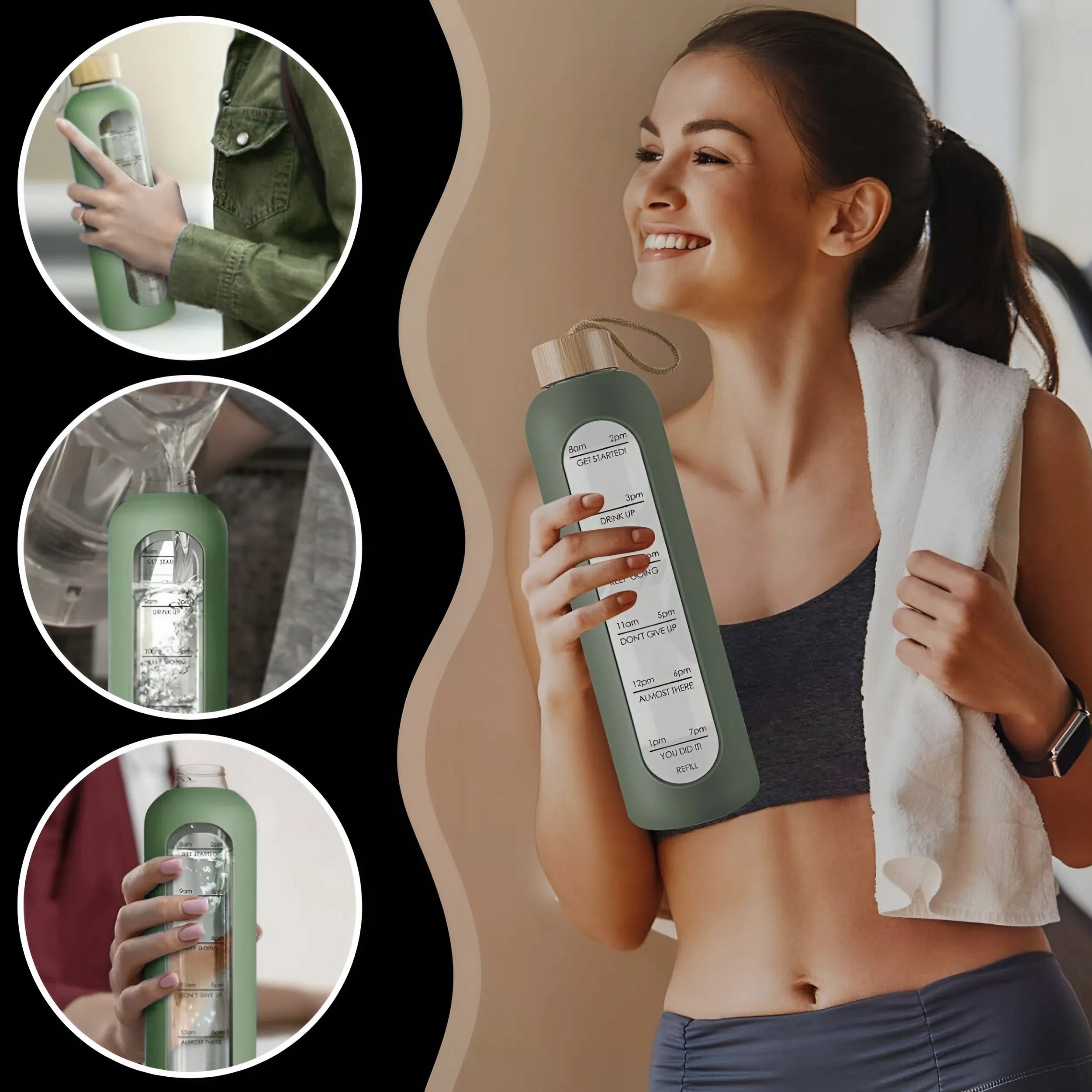 WATER BOTTLE MOTIVATIONAL SPORTS GLASS BOTTLE WITH MEASURING CUP 1L 1000ML Volume 1000 ml