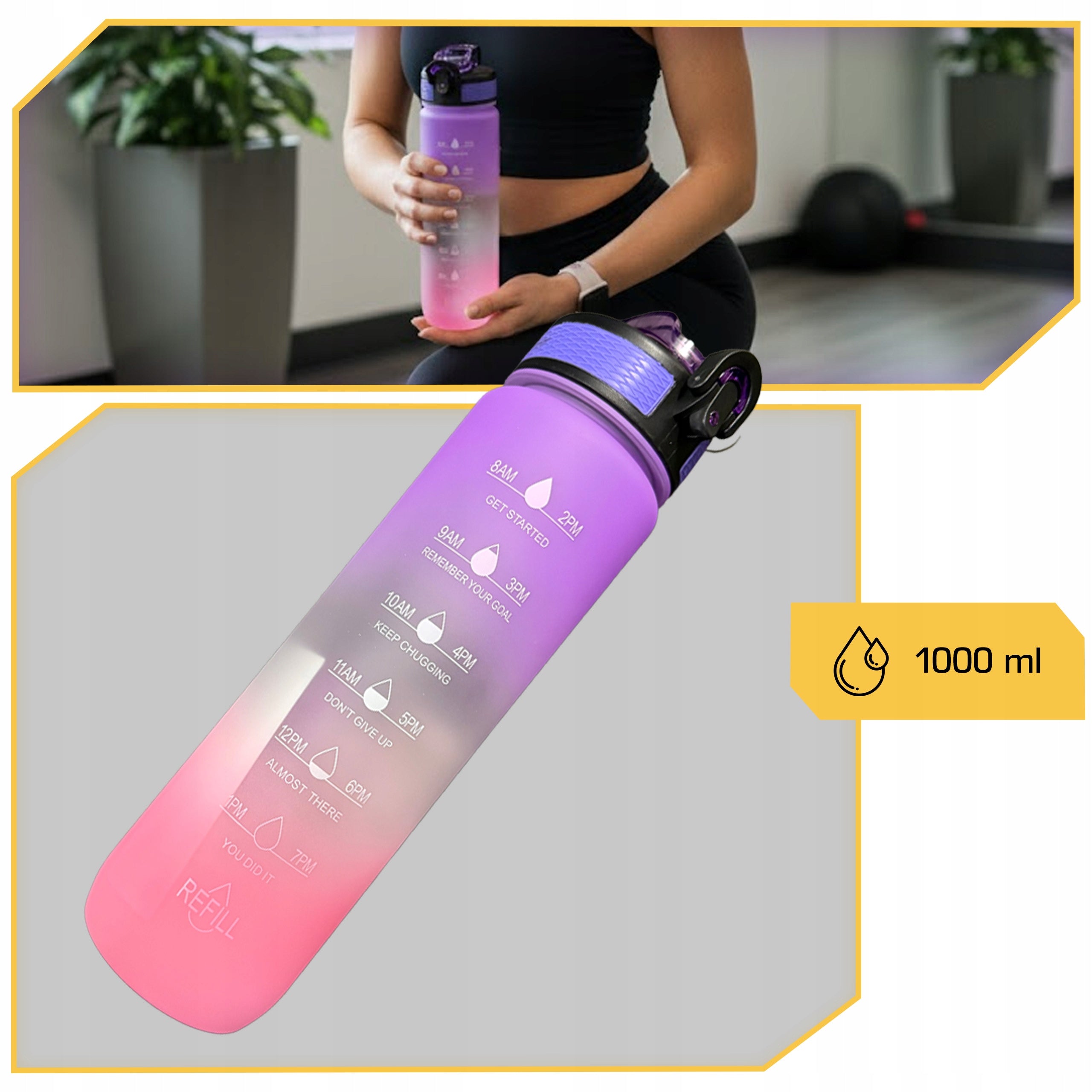 WATER BOTTLE SPORTS WATER BOTTLE WITH STRAW SEALED WITH MEASURING CUP GYM 1000 ML Model Butelka na wodę Lewer z miarką