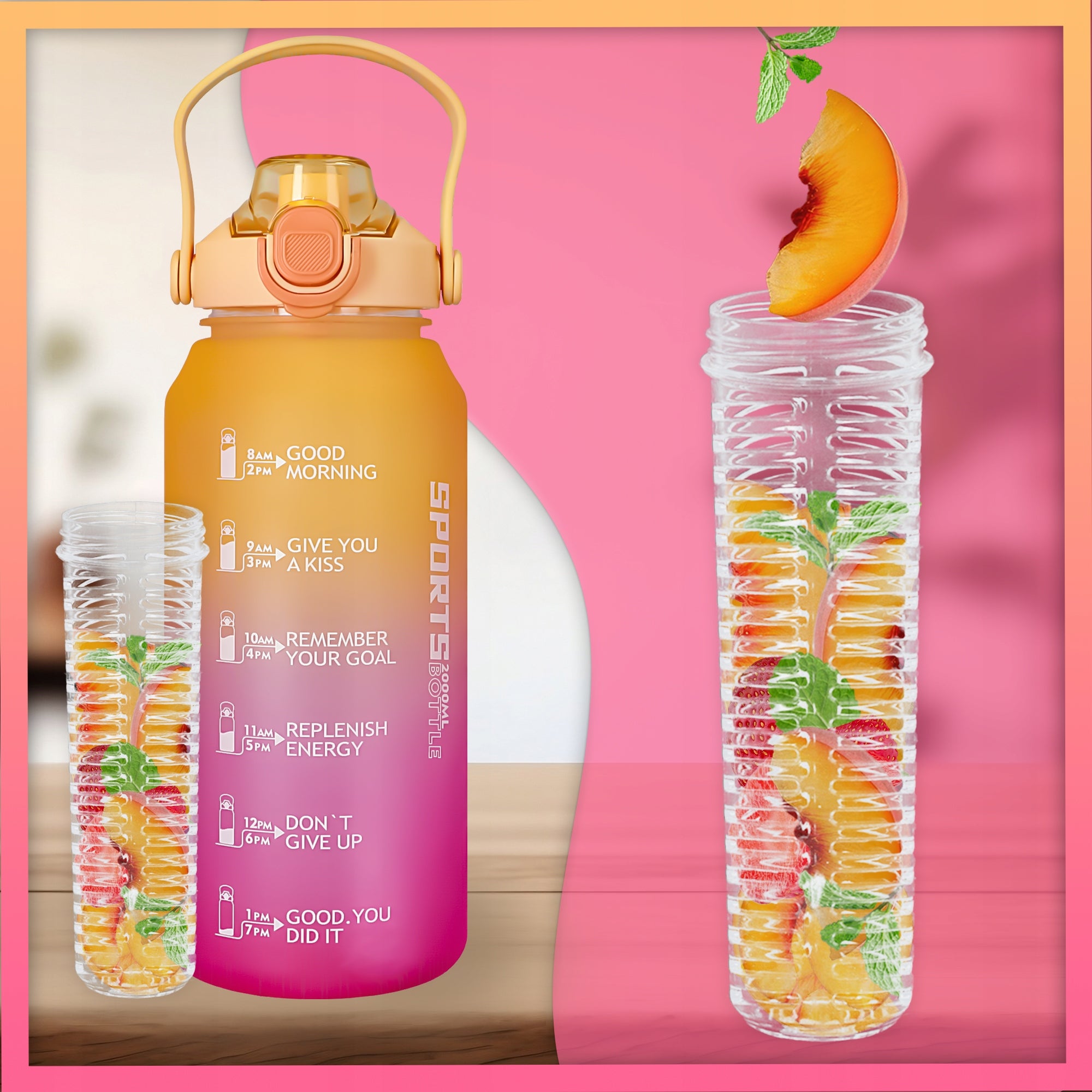 WATER BOTTLE WITH MEASURING CUP AND FRUIT INSERT WATER BOTTLE WITH STRAW FOR TRAINING 2L Packaging status original