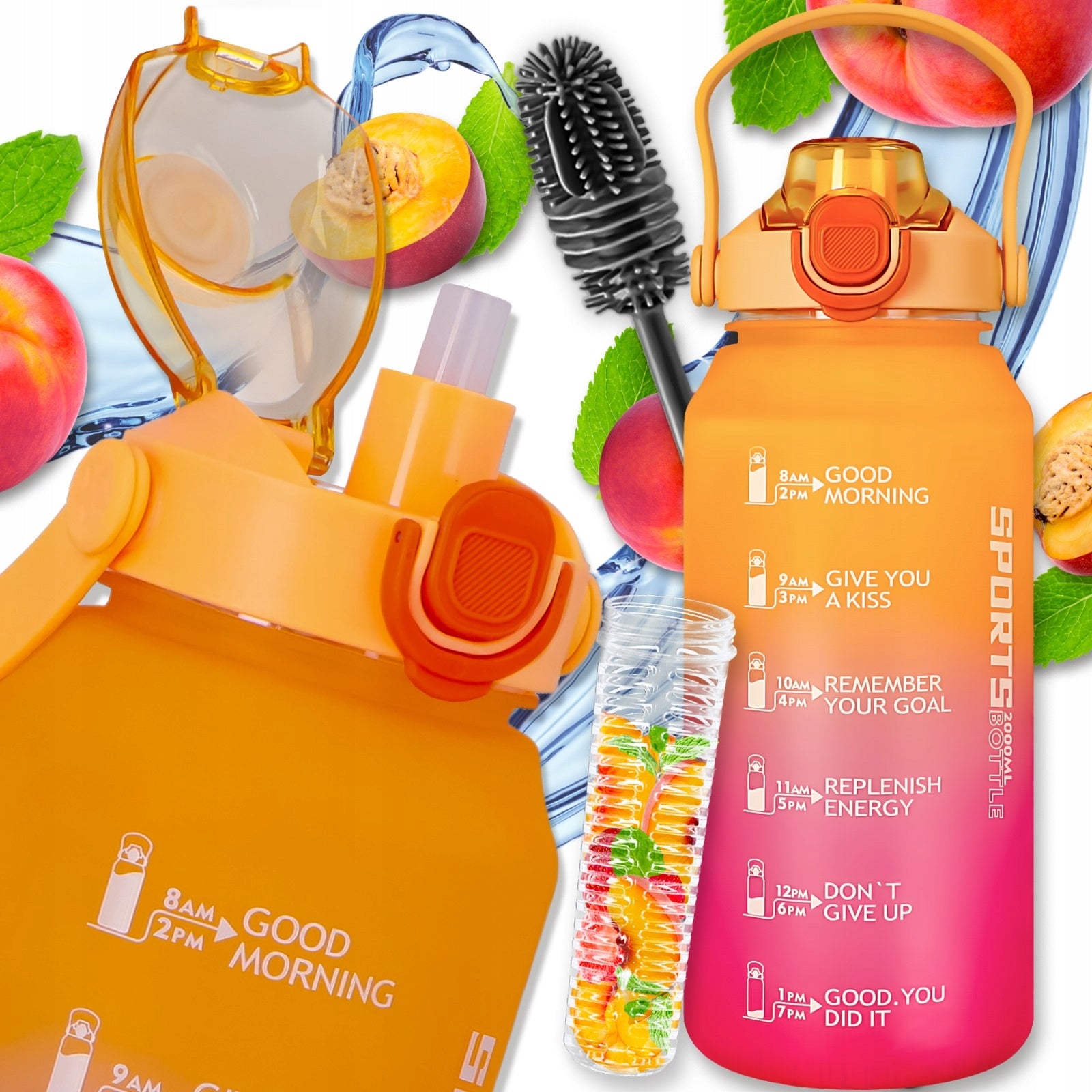 WATER BOTTLE WITH MEASURING CUP AND FRUIT INSERT WATER BOTTLE WITH STRAW FOR TRAINING 2L