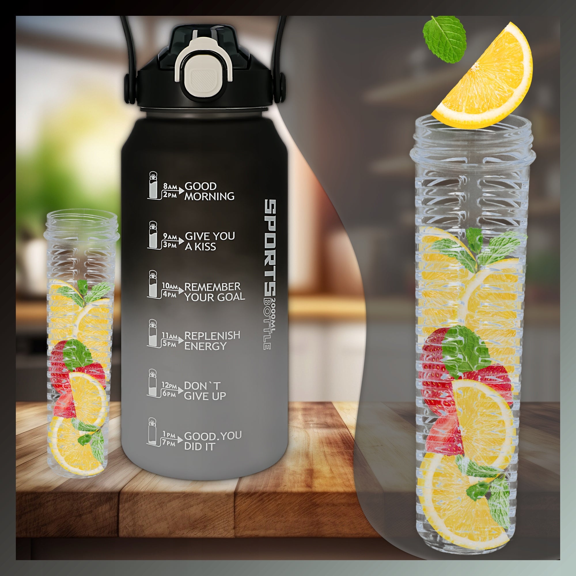 WATER BOTTLE WITH MEASURING CUP AND FRUIT INSERT WITH STRAW FOR TRAINING 2L Packaging status original