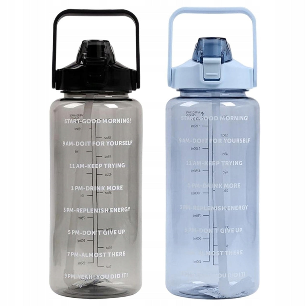WATER BOTTLES SPORTS WATER BOTTLES 2 X 2L WITH STRAW MEASURING CUP BLACK + BLUE Packaging status original
