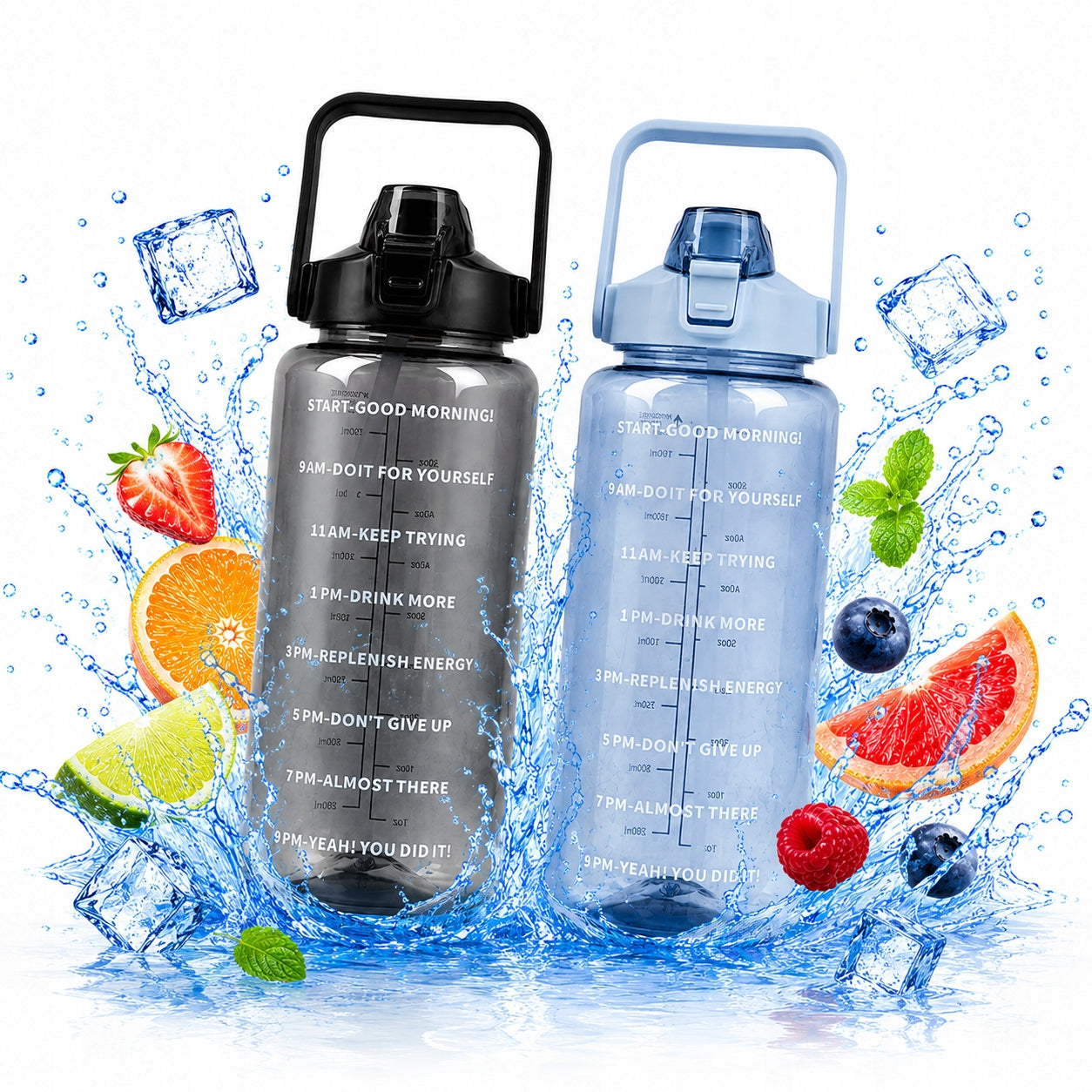 WATER BOTTLES SPORTS WATER BOTTLES 2 X 2L WITH STRAW MEASURING CUP BLACK + BLUE