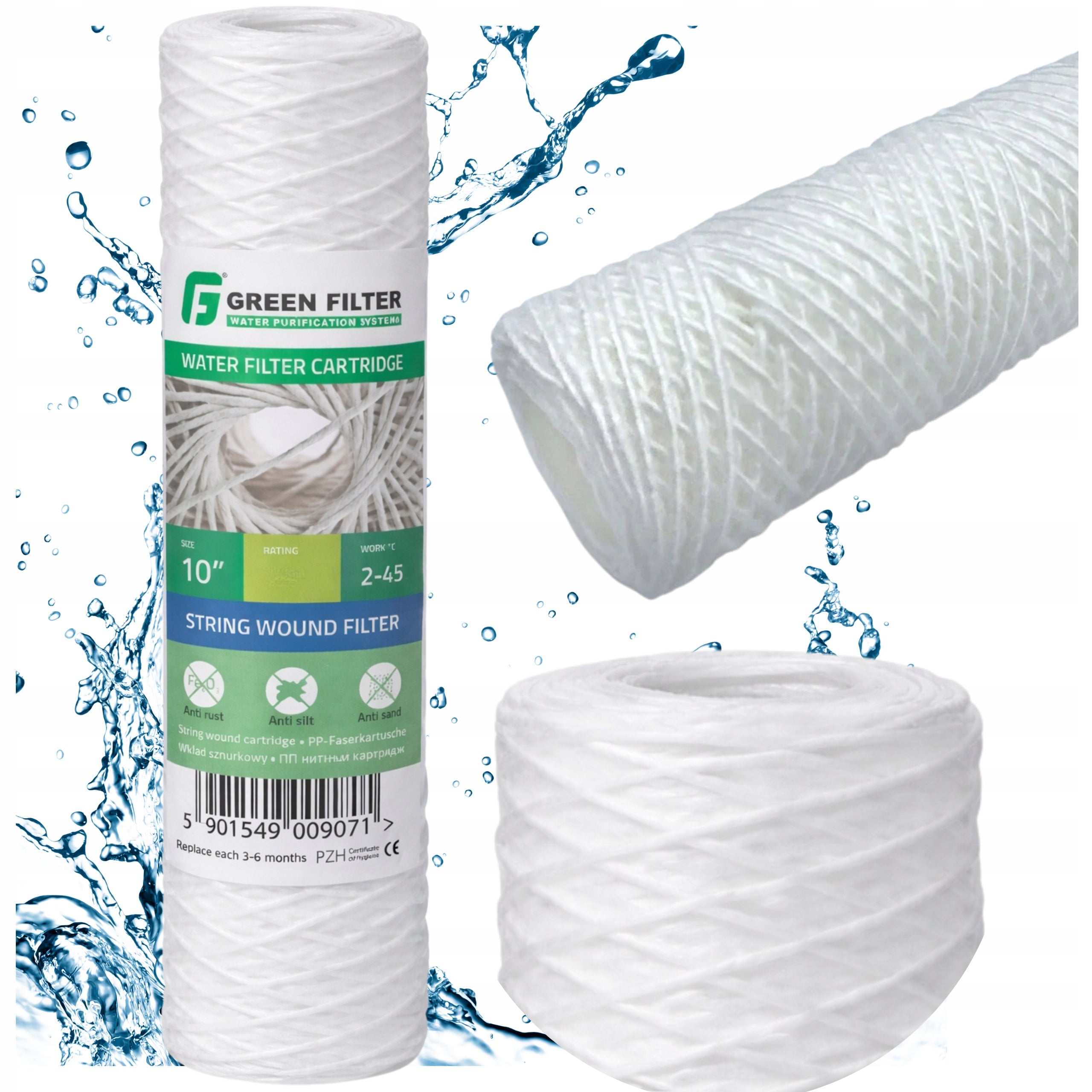 WATER FILTER CARTRIDGE 10" STRING 20 MICRONS GREEN FILTER