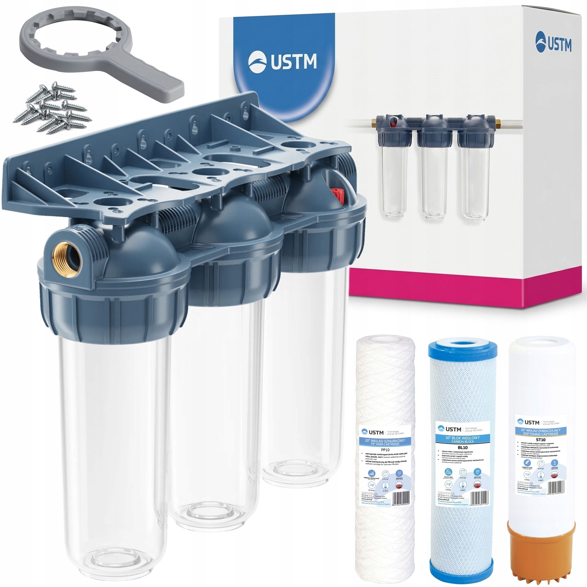 WATER FILTER PRE-BODY HOUSING 1" GW 3-STAGE USTM SET + CARTRIDGES