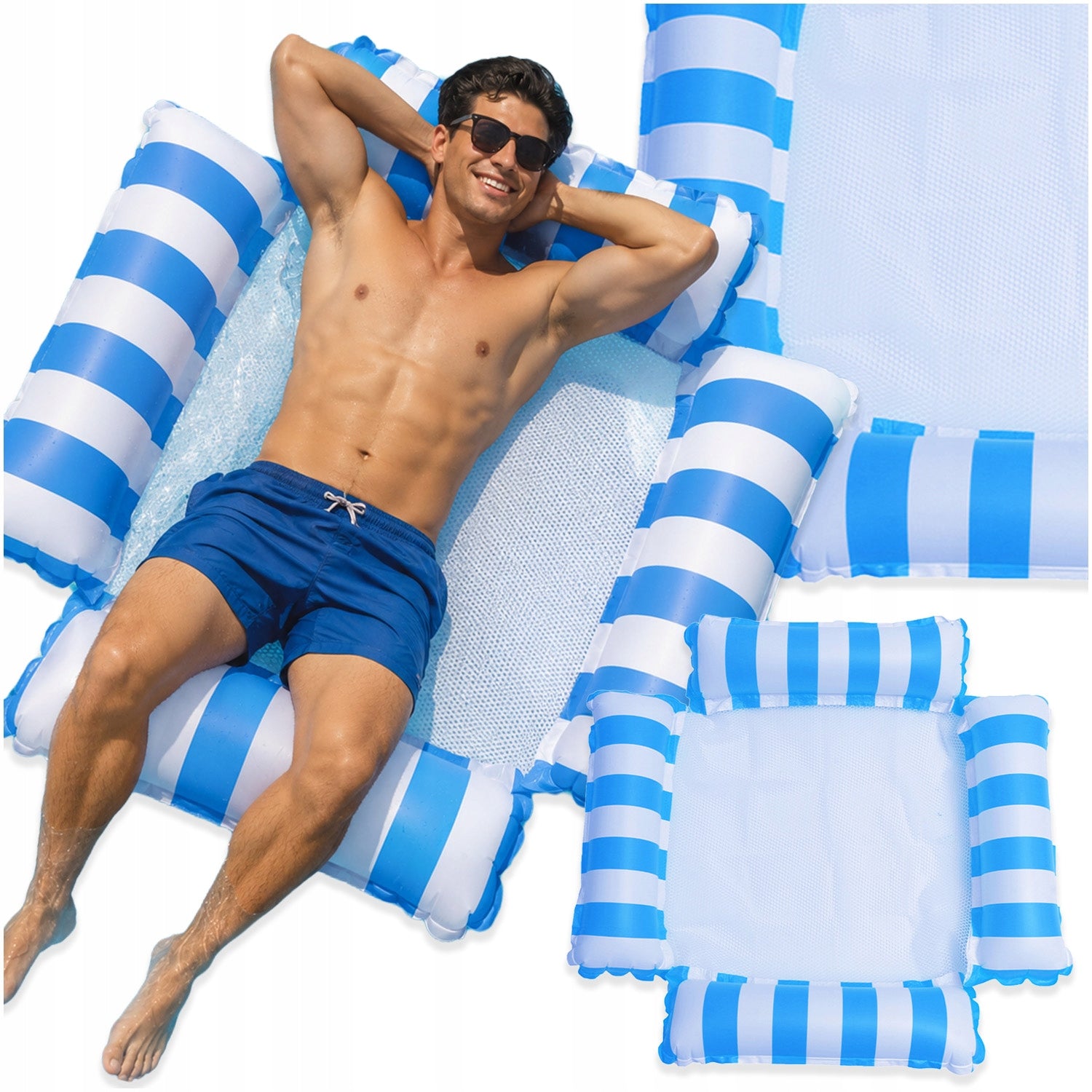 WATER LOUNGER INFLATABLE HAMMOCK MATTRESS WITH SWIMMING NET FOR WATER POOL Manufacturer code LEŻAK HAMAK NA WODE NIEBIESKI MEMFLOW