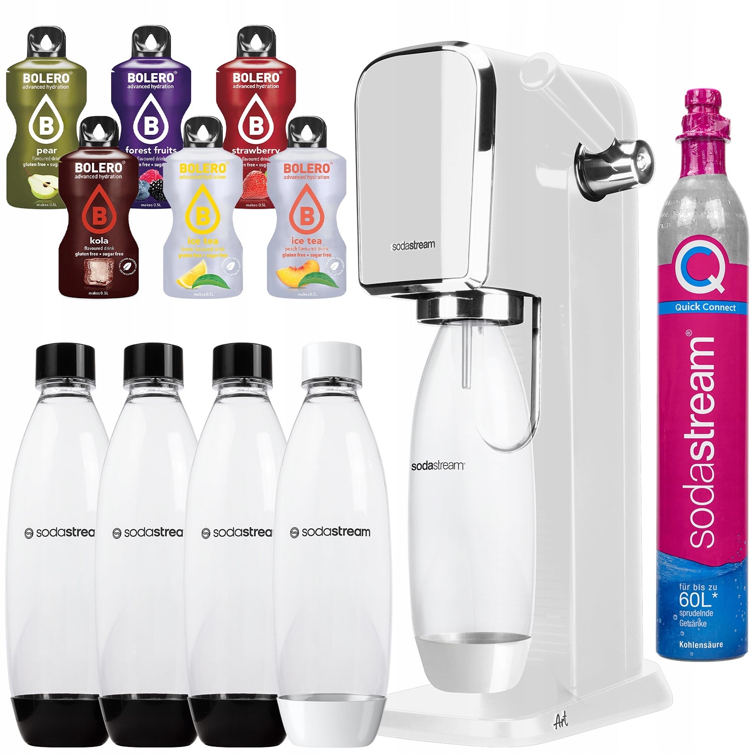 WATER SATURATOR SODASTREAM ART WHITE + 4 BOTTLES + SACHETS SET