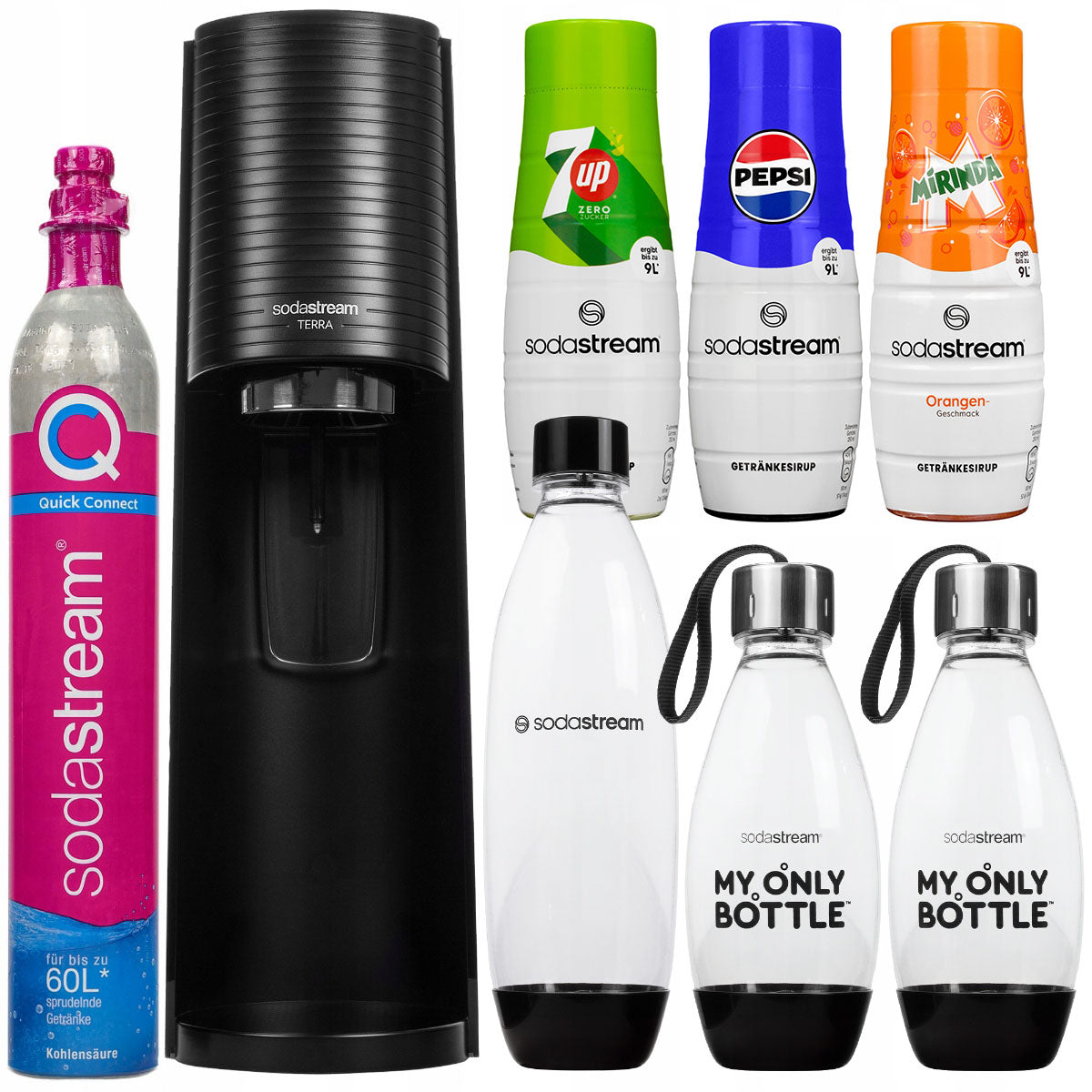 WATER SATURATOR SODASTREAM TERRA BLACK 3 BOTTLES + 3 SYRUPS + CYLINDER
