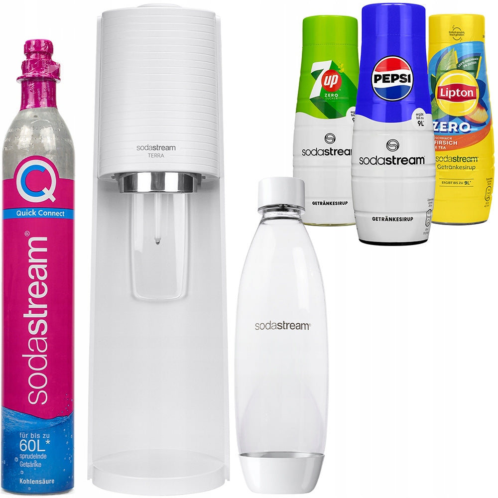WATER SATURATOR SODASTREAM TERRA WHITE BOTTLE 3 SYRUPS PEPSI 7UP LIPTON