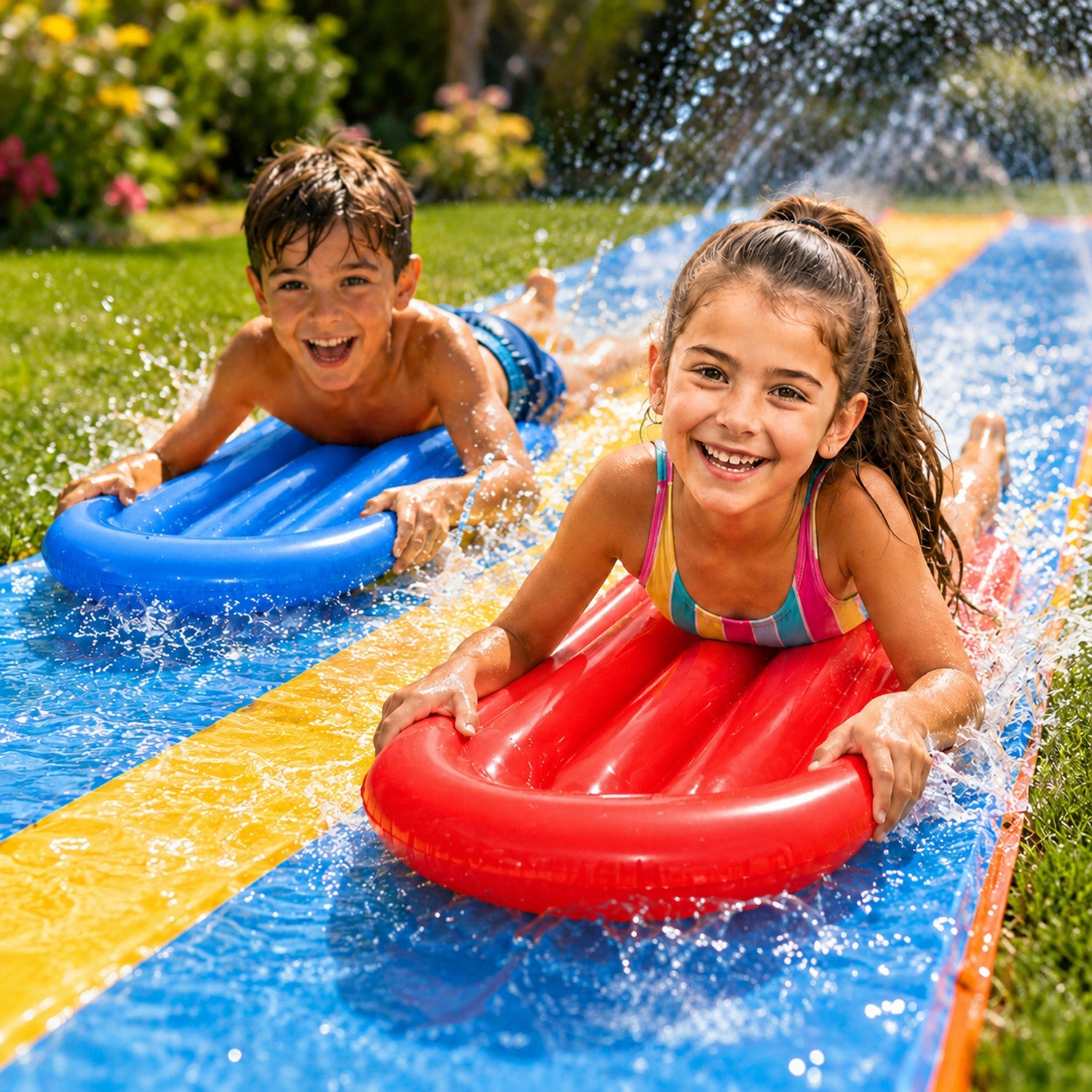 WATER SLIDE DOUBLE SLIDE WITH FOUNTAIN + 2 BOARDS TOY FOR GARDEN Brand MEMFLOW