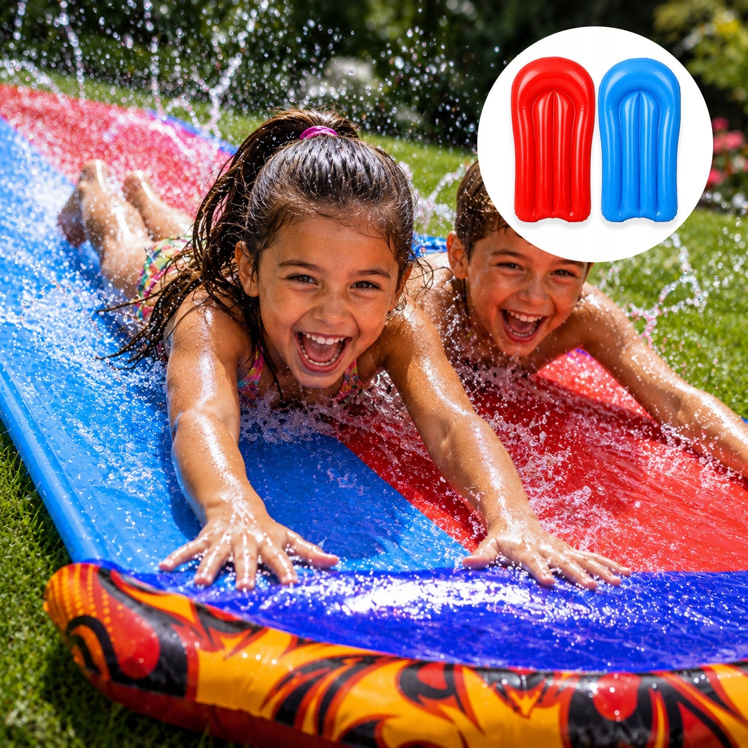 WATER SLIDE DOUBLE SLIDE WITH FOUNTAIN + 2 BOARDS TOY FOR GARDEN Kind water slide