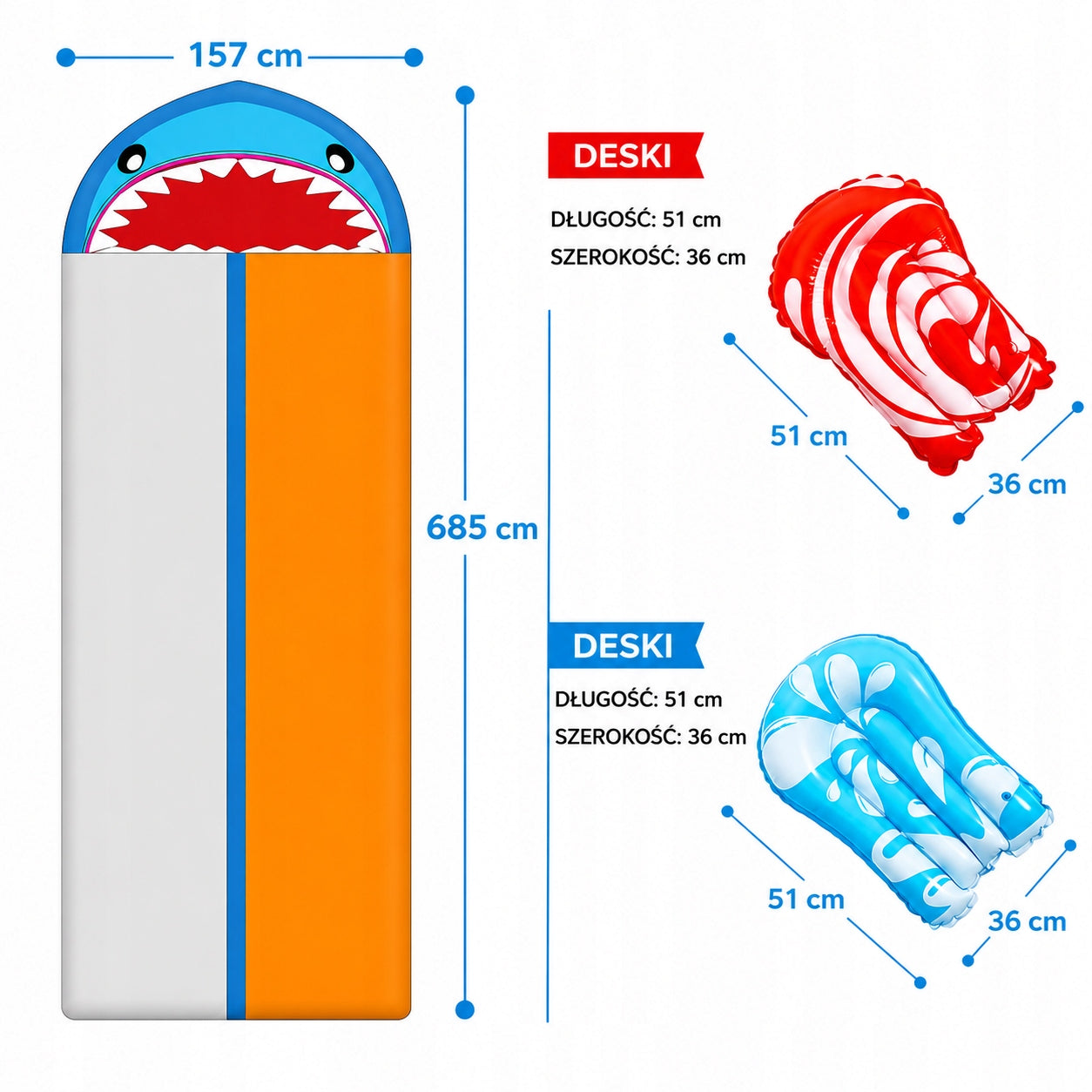 WATER SLIDE SHARK TWO TRACKS TWO BOARDS SPRINKLER FOR CHILDREN Product width 157 cm