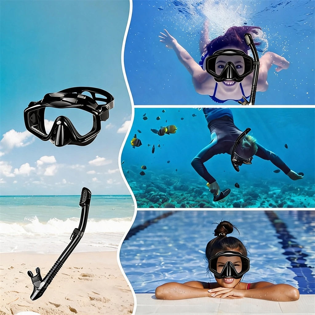 WATERPROOF DIVING MASK SNORKELING SET BLACK Model SPRZĘT NURKOWY MASECZKA SNORKELING GOOGLE DRYTOP