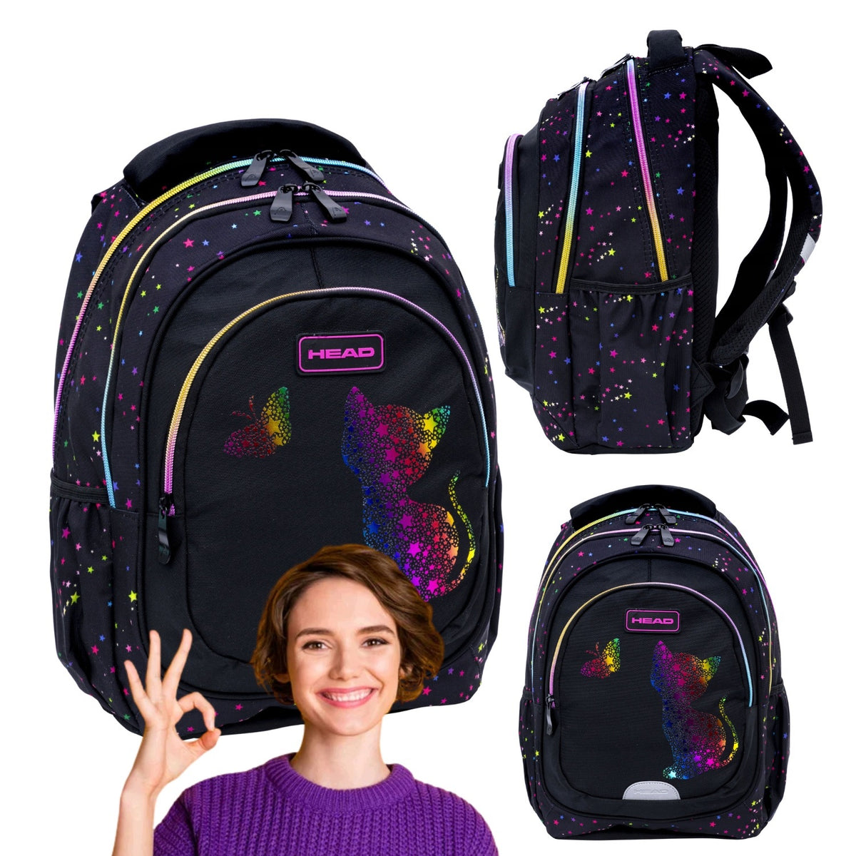 WATERPROOF SCHOOL BACKPACK HEAD RAINBOW KITTY FOR GIRLS IN CLASS 1-3