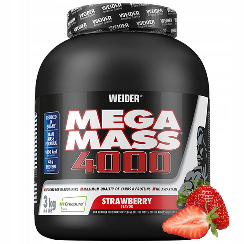 WEIDER MEGA MASS 4000 3kg STRAWBERRY GAINER PROTEIN CARBOHYDRATES CREATINE