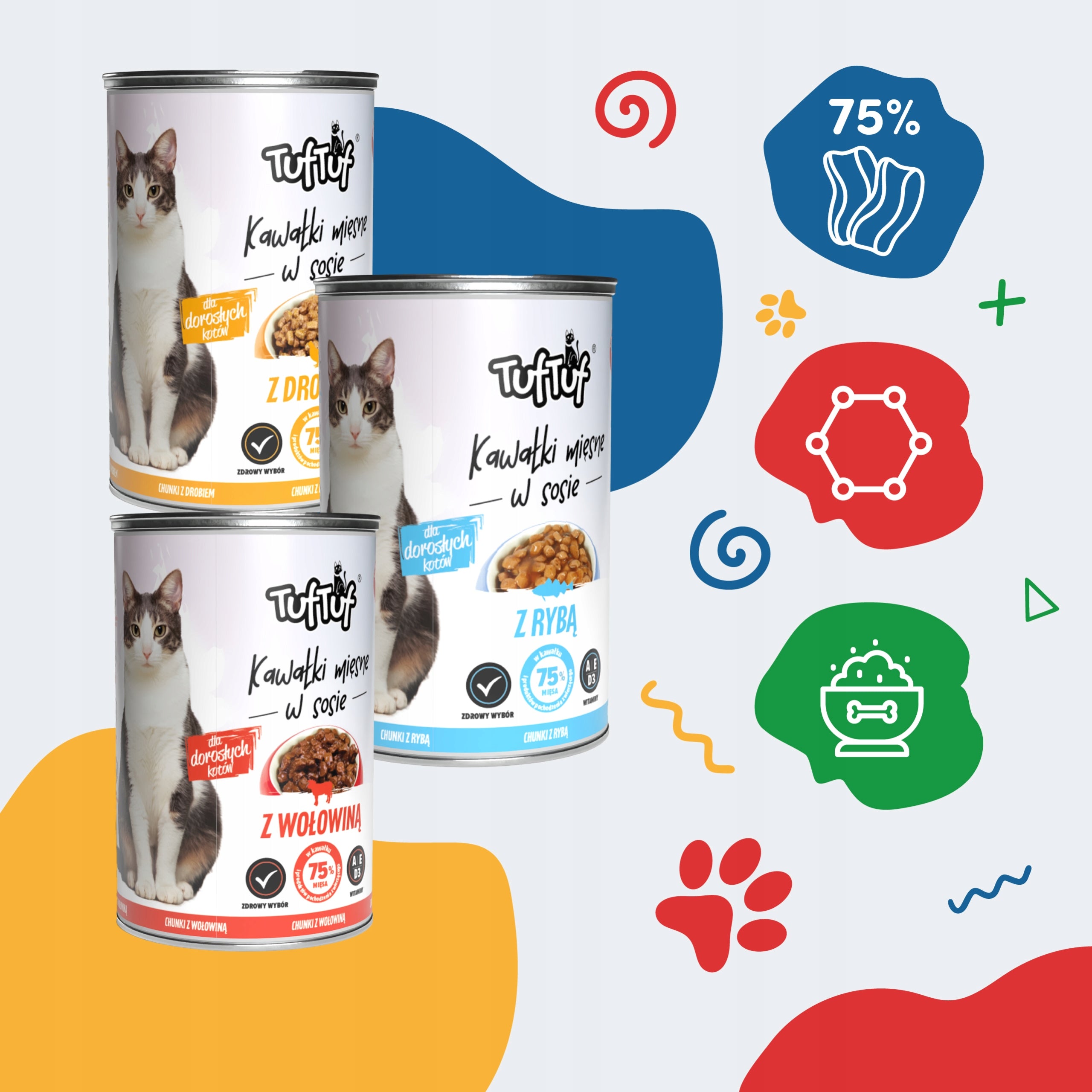 WET CAT FOOD 24x415g 75% MEAT IN SAUCE TUF TUF CANS MIX Flavours Packaging status original