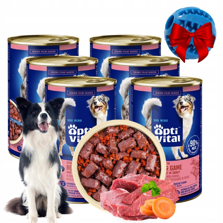 WET DOG FOOD WITH BEEF AND GAME IN SAUCE OPTIVITAL CAN 6X1250G