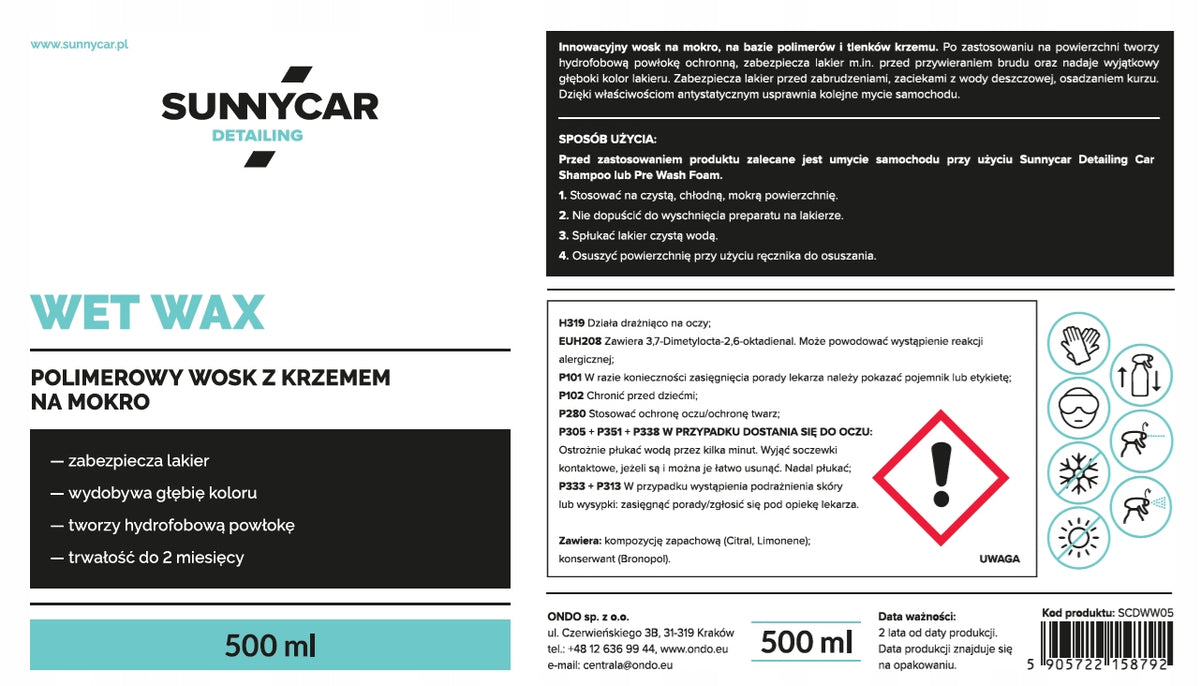 WET WAX SUNNYCAR PROTECTS THE VARNISH AND DEEPENS THE COLOR 500 ml Manufacturer's catalog number SCDWW05