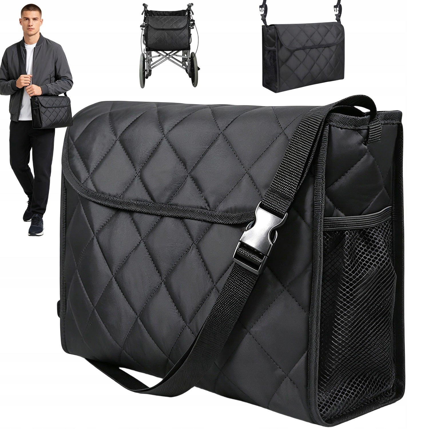 WHEELCHAIR BAG BLACK LARGE ORGANIZER DETACHABLE STRAP