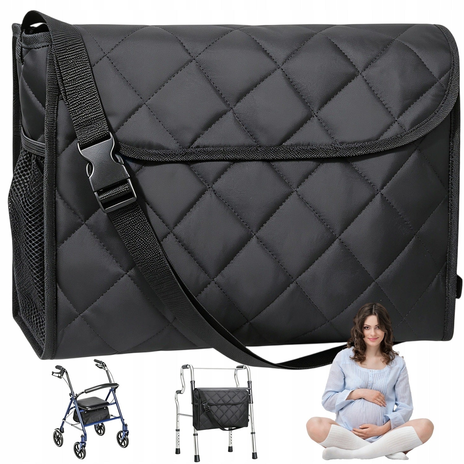WHEELCHAIR BAG FOR BACKREST LARGE 10 POCKETS VELCRO BLACK DURABLE