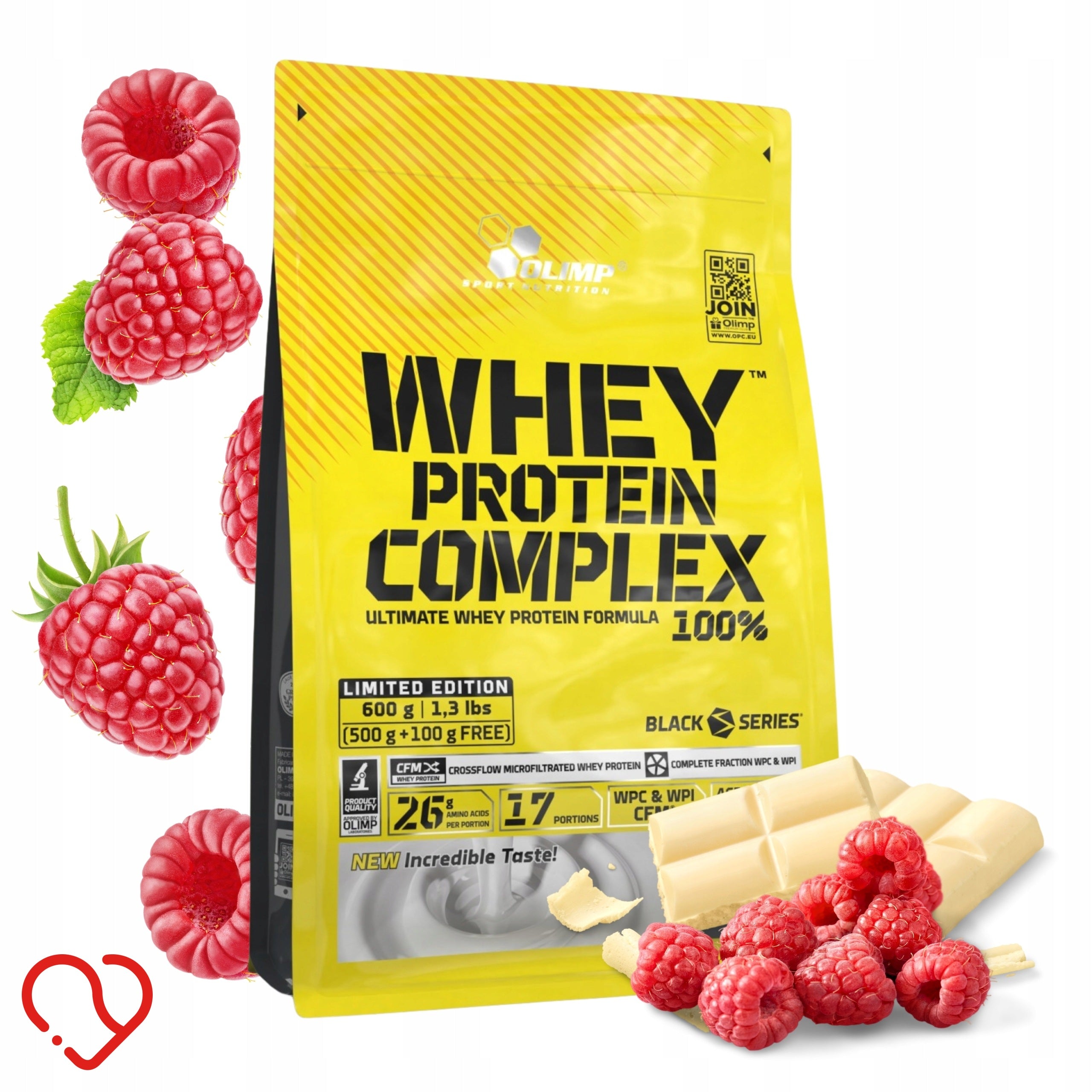 WHEY PROTEIN wpc Olimp 100% protein 600g taste - white chocolate with raspberry