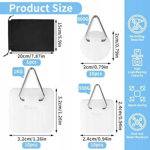 WHITE SELF-ADHESIVE HOOKS FOR PAINTINGS SET OF 30 PIECES WITHOUT DRILLING Product weight with unit packaging 0.5 kg