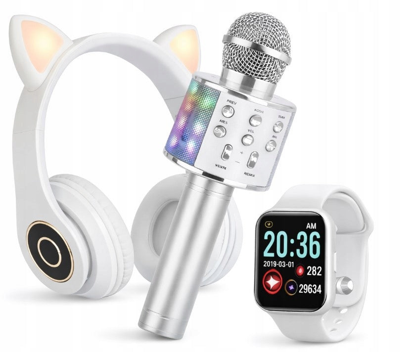 WHITE SMARTWATCH INCLUDED 3in1 WITH KARAOKE MICROPHONE + LED HEADPHONES