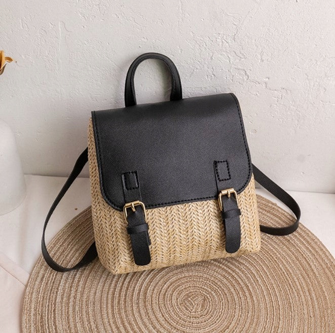 WICKER BACKPACK STRAW BOHO BAG BRAIDED WOMEN'S GIRLS BLACK Packaging status original