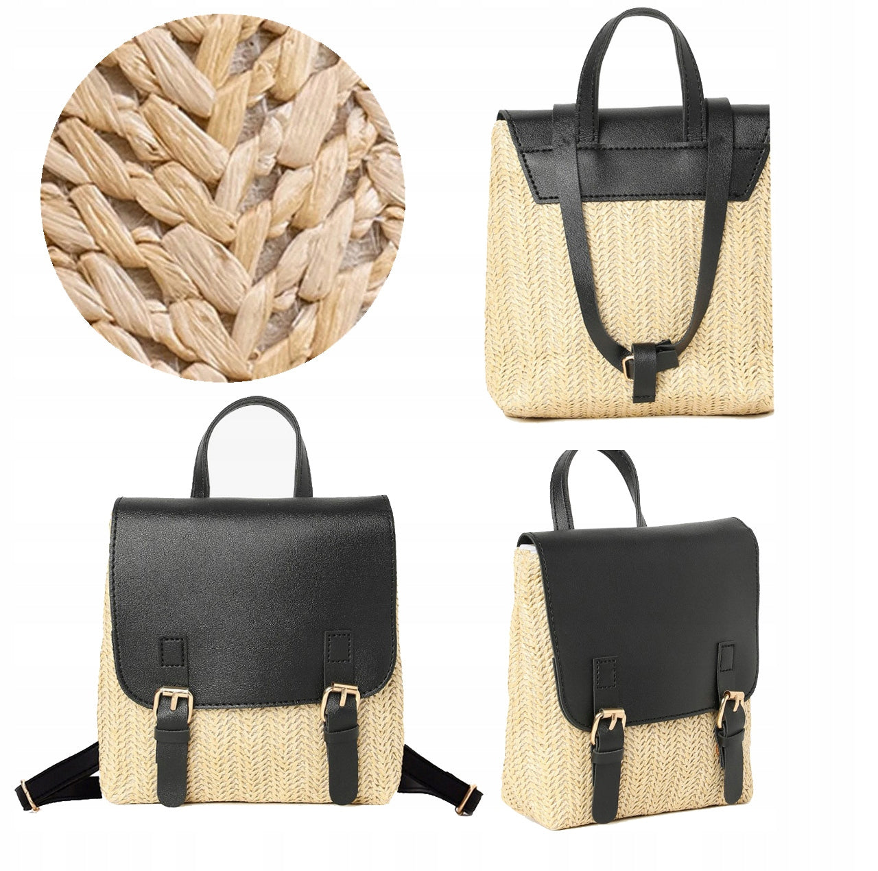 WICKER BACKPACK STRAW BOHO BAG BRAIDED WOMEN'S GIRLS BLACK