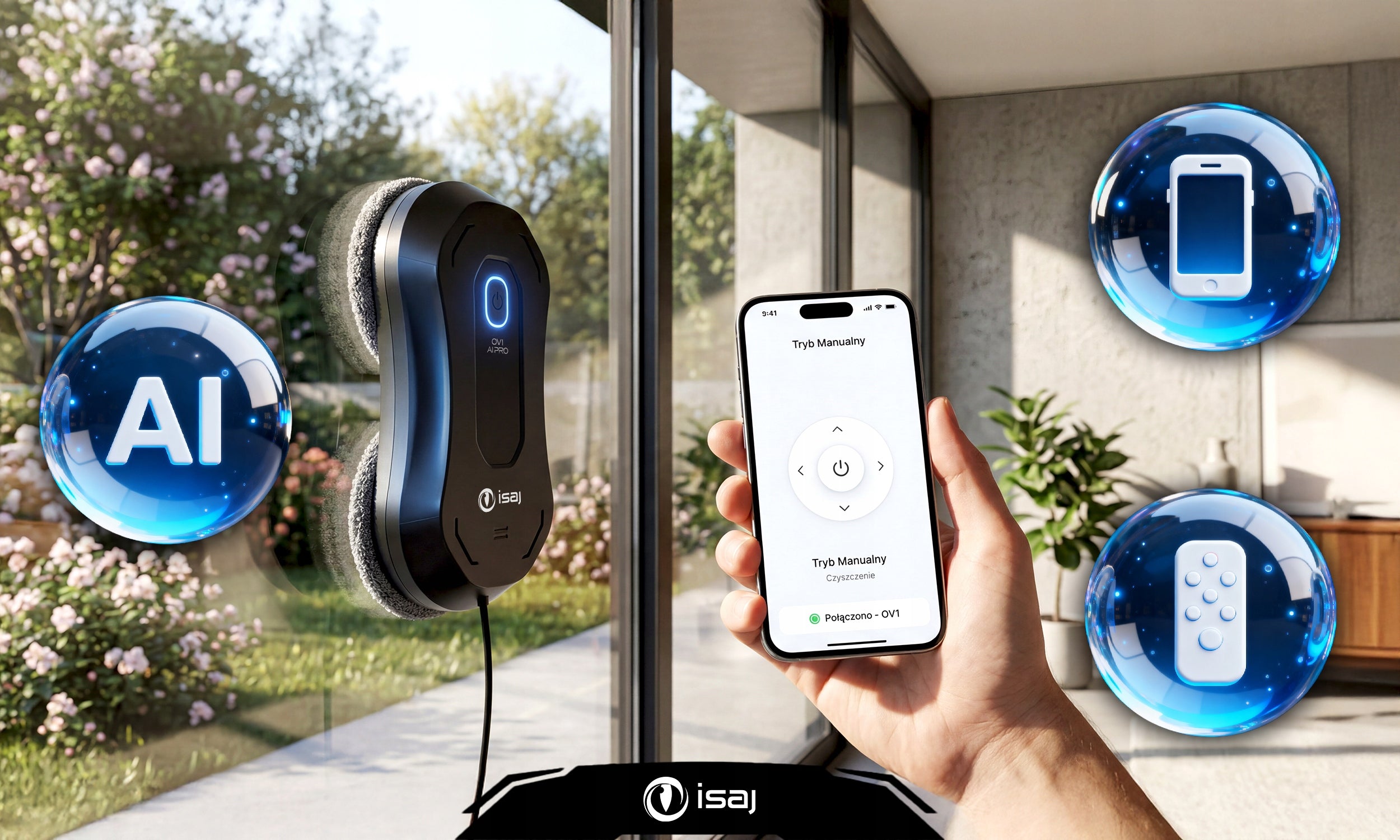WINDOW CLEANING ROBOT ISAJ OV1 AI Pro + 2x liquid 500ml + AI system + WiFi Manufacturer code OV1 AI Pro