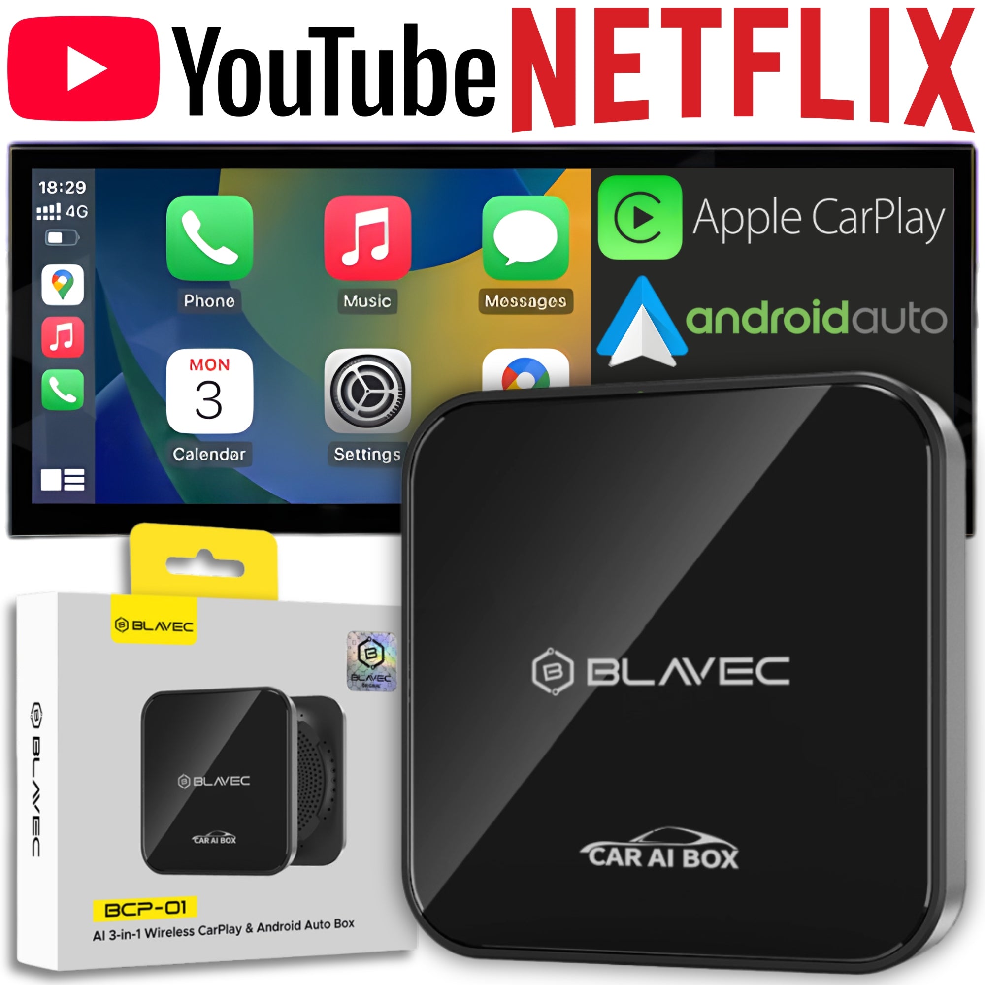 WIRELESS ADAPTER CARPLAY ANDROID AUTO BLUETOOTH 3in1 AI YOUTUBE NETFLIX