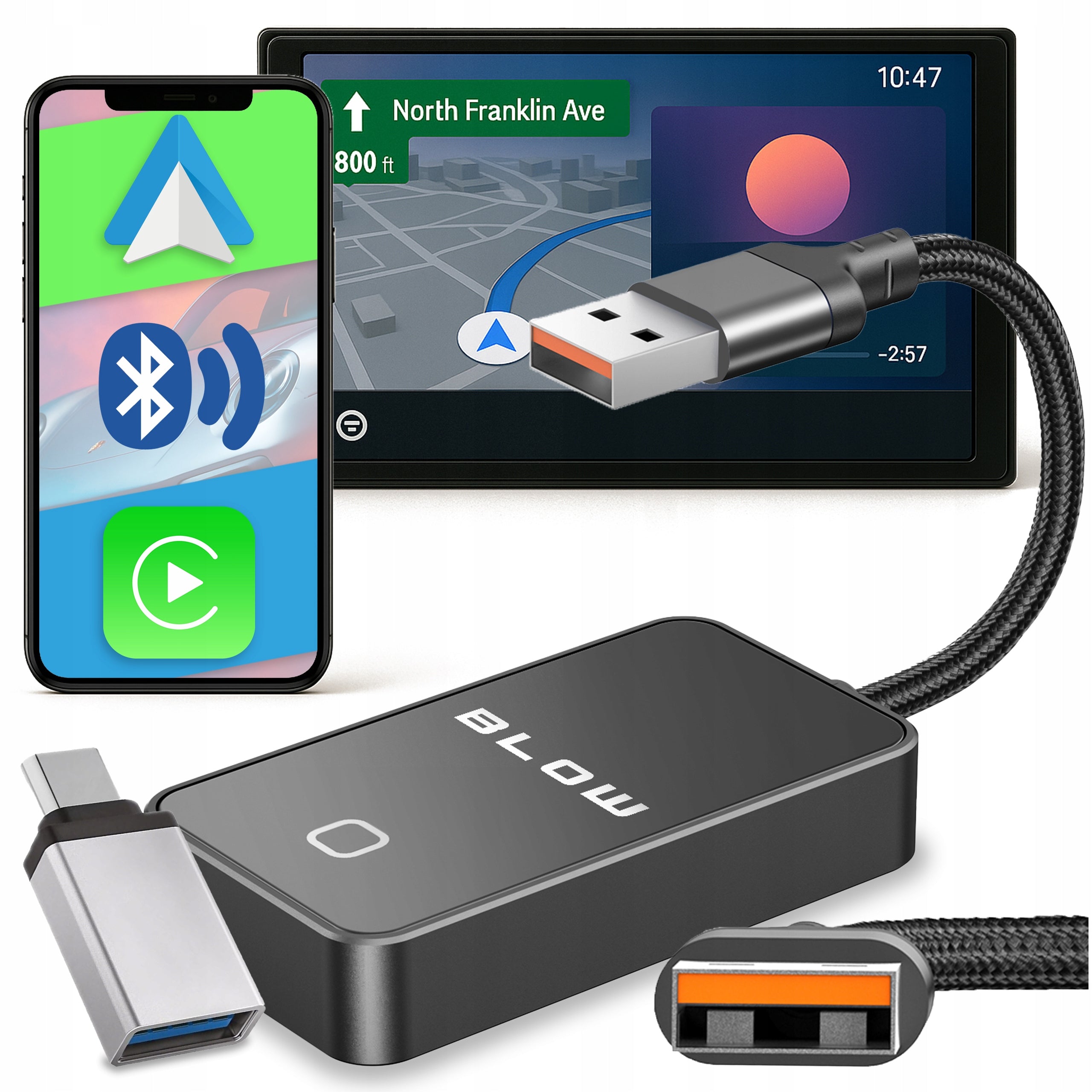 WIRELESS ADAPTER CARPLAY ANDROID AUTO WIFI BLUETOOTH + USB C ADAPTER