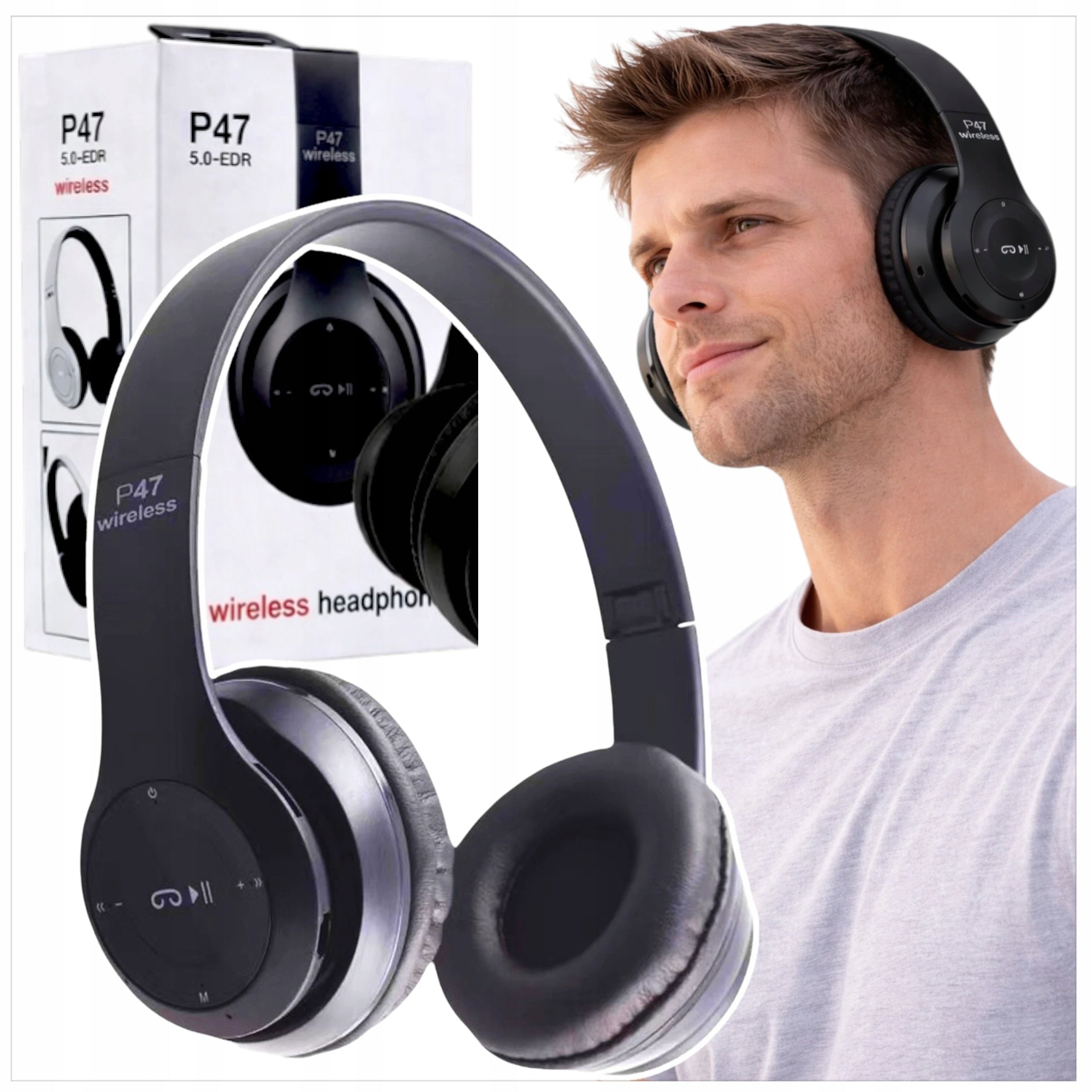 WIRELESS BLUETOOTH HEADPHONES ON-EAR MICROPHONE BLACK MULTIFUNCTION