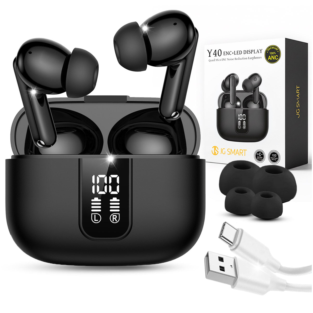 WIRELESS BLUETOOTH IN-EAR HEADPHONES BLACK ANC BT 5.3 POWERBANK