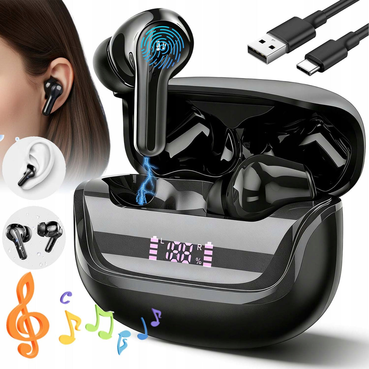 WIRELESS BLUETOOTH IN-EAR HEADPHONES BT 5.4 WATERPROOF IP7 WITH LCD