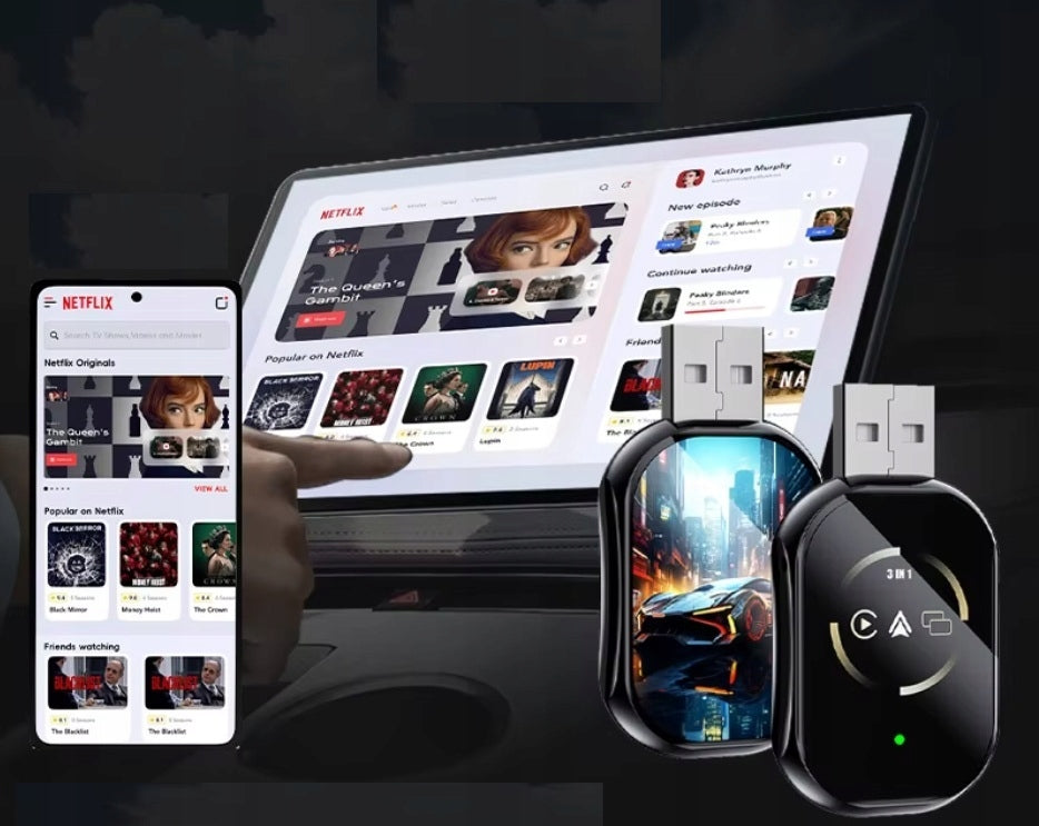 WIRELESS CAR ADAPTER ANDROID AUTO APPLE CARPLAY 3IN1 NETFLIX Manufacturer code ADAPTER ANDROID NETFLIX 3W1