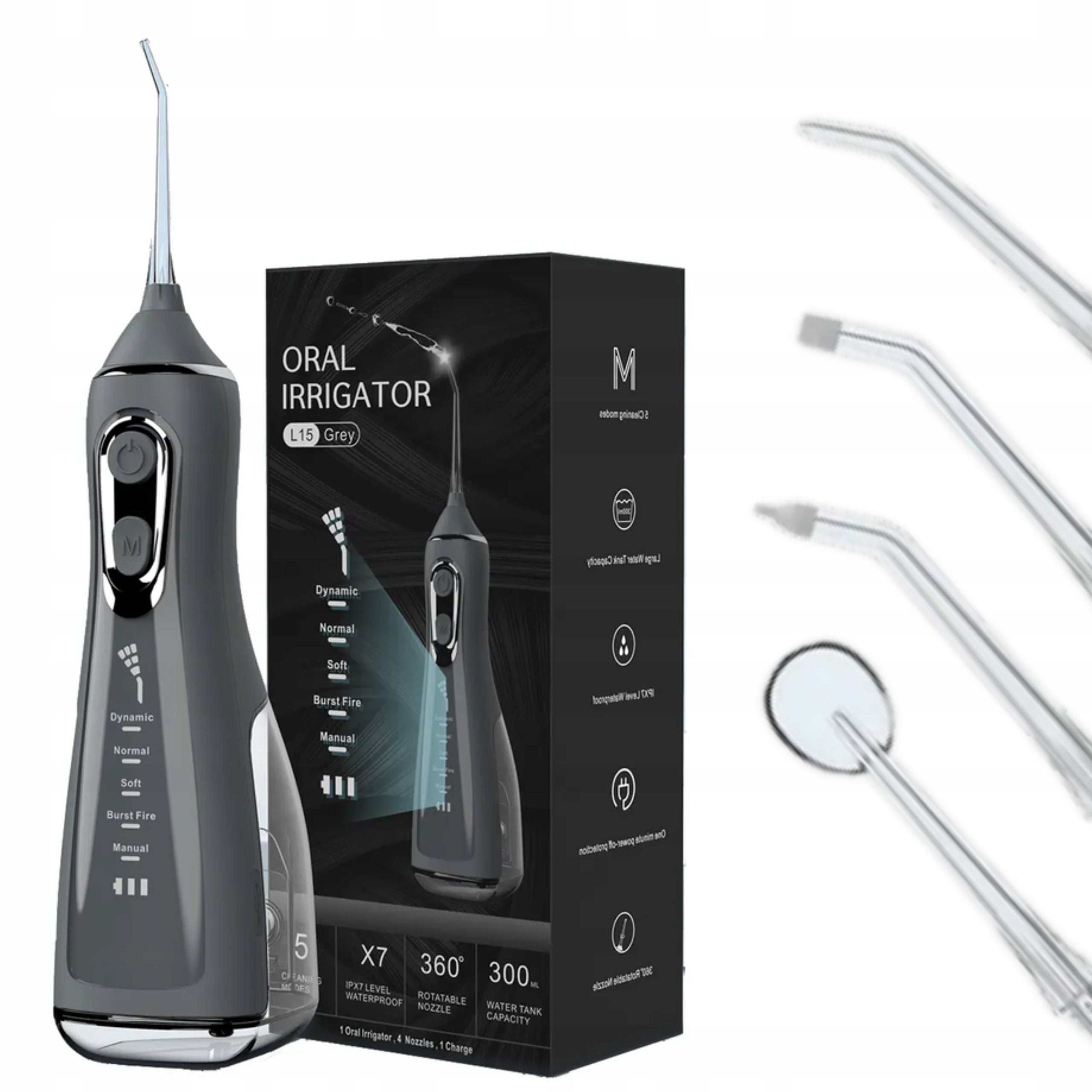 WIRELESS DENTAL IRRIGATOR STRONG 4 NOZZLES 5 MODES GREY