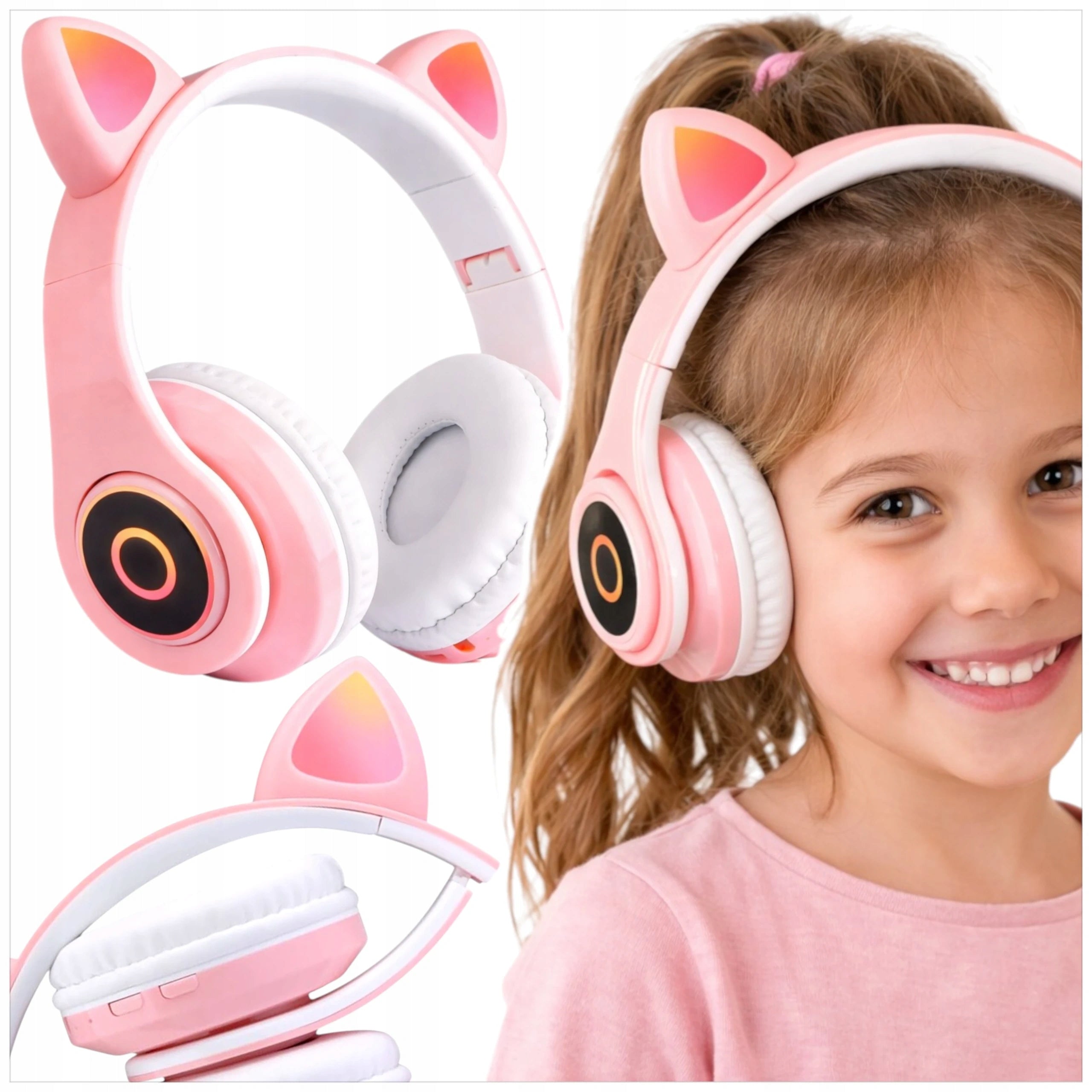 WIRELESS HEADPHONES FOR CHILDREN WITH MICROPHONE CAT EARS LED PINK B39 Packaging status original