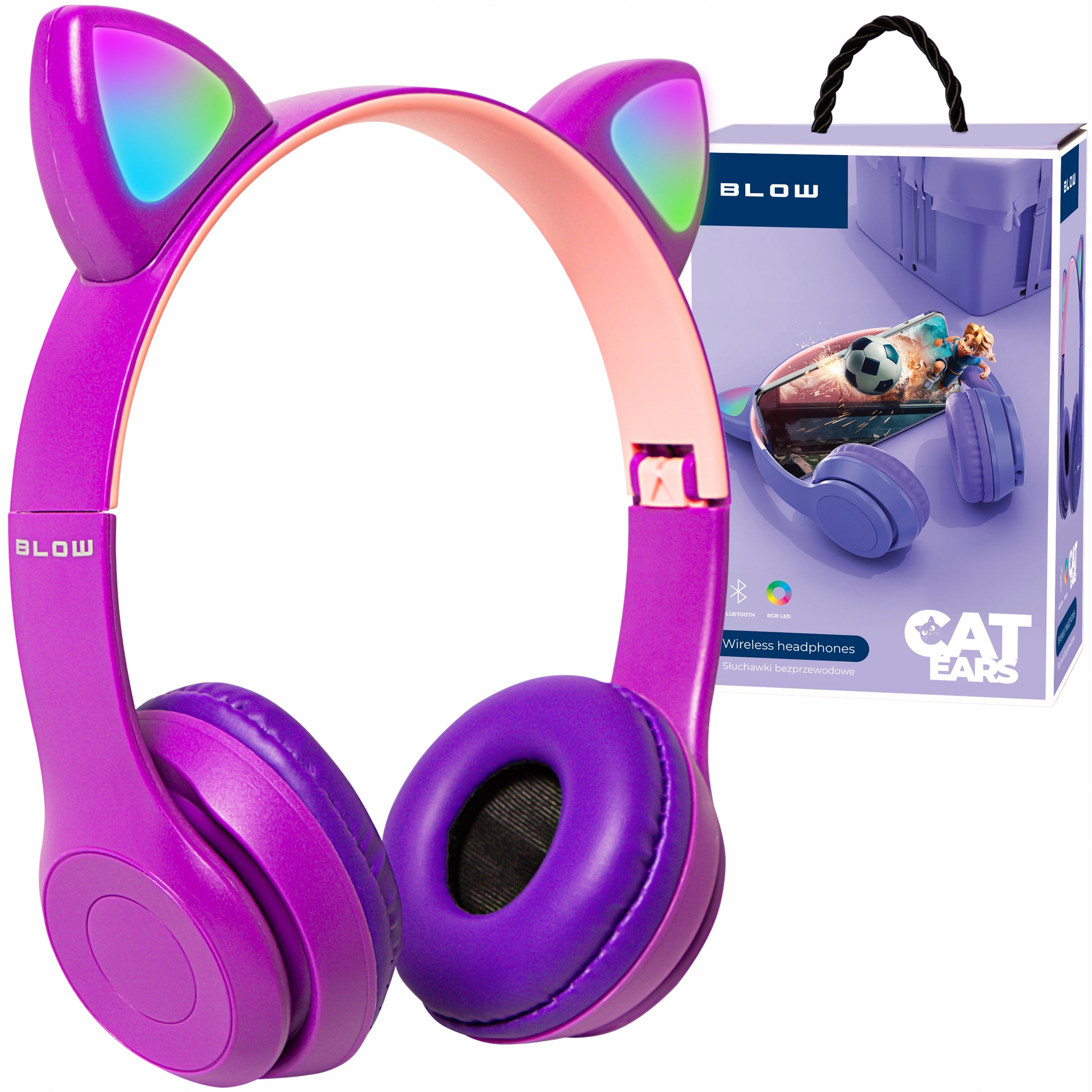 WIRELESS HEADPHONES FOR KIDS BLUETOOTH MICROPHONE CAT EARS LED RGB