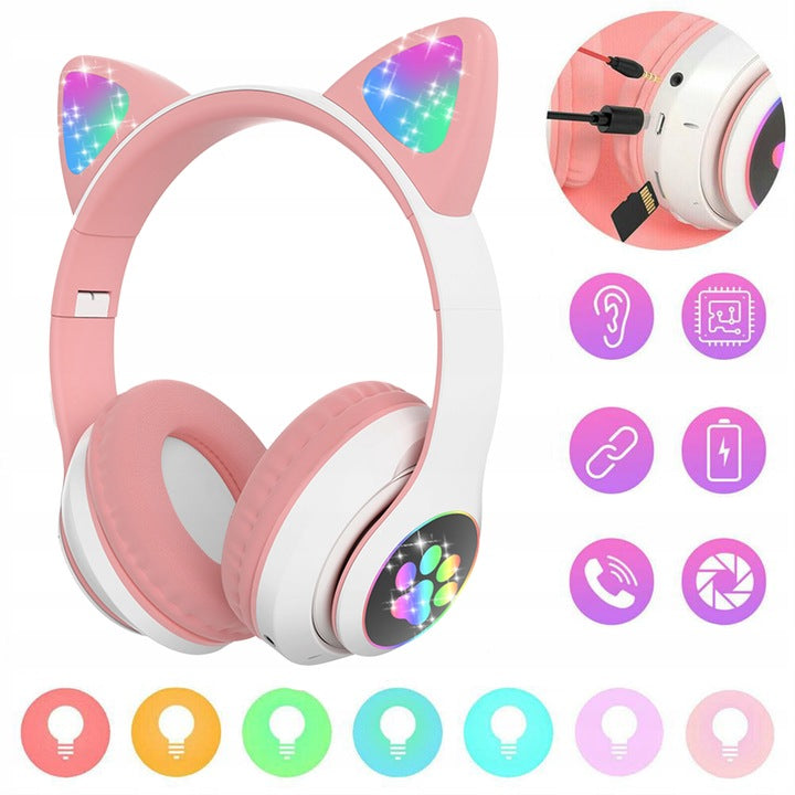 WIRELESS ON-EAR CAT EAR HEADPHONES FOR KIDS BLUETOOTH RGB MUSIC Manufacturer code Słuchawki uszy kota 69418