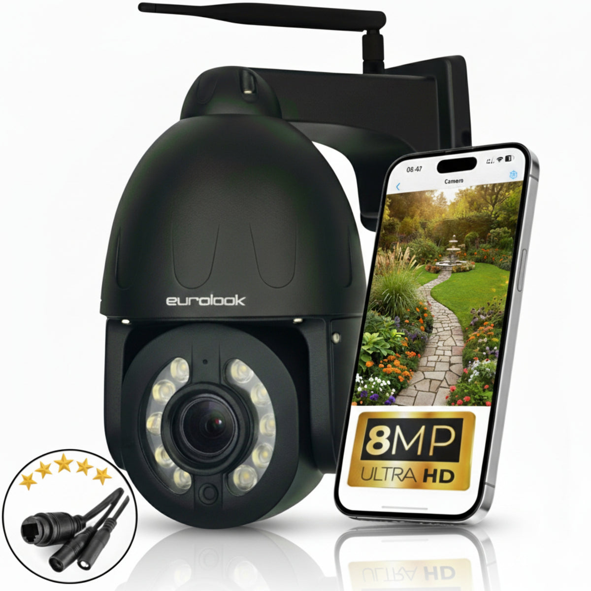 WIRELESS ROTATING OUTDOOR WIFI CAMERA 8MPX UHD 5X ZOOM APPLICATION IR