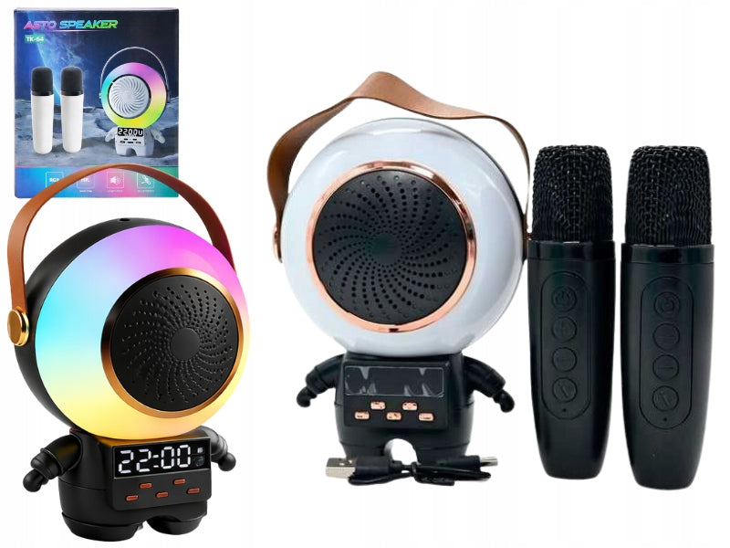 WIRELESS SPEAKER MINI KARAOKE BLUETOOTH RGB 2 MICROPHONES CLOCK BLACK