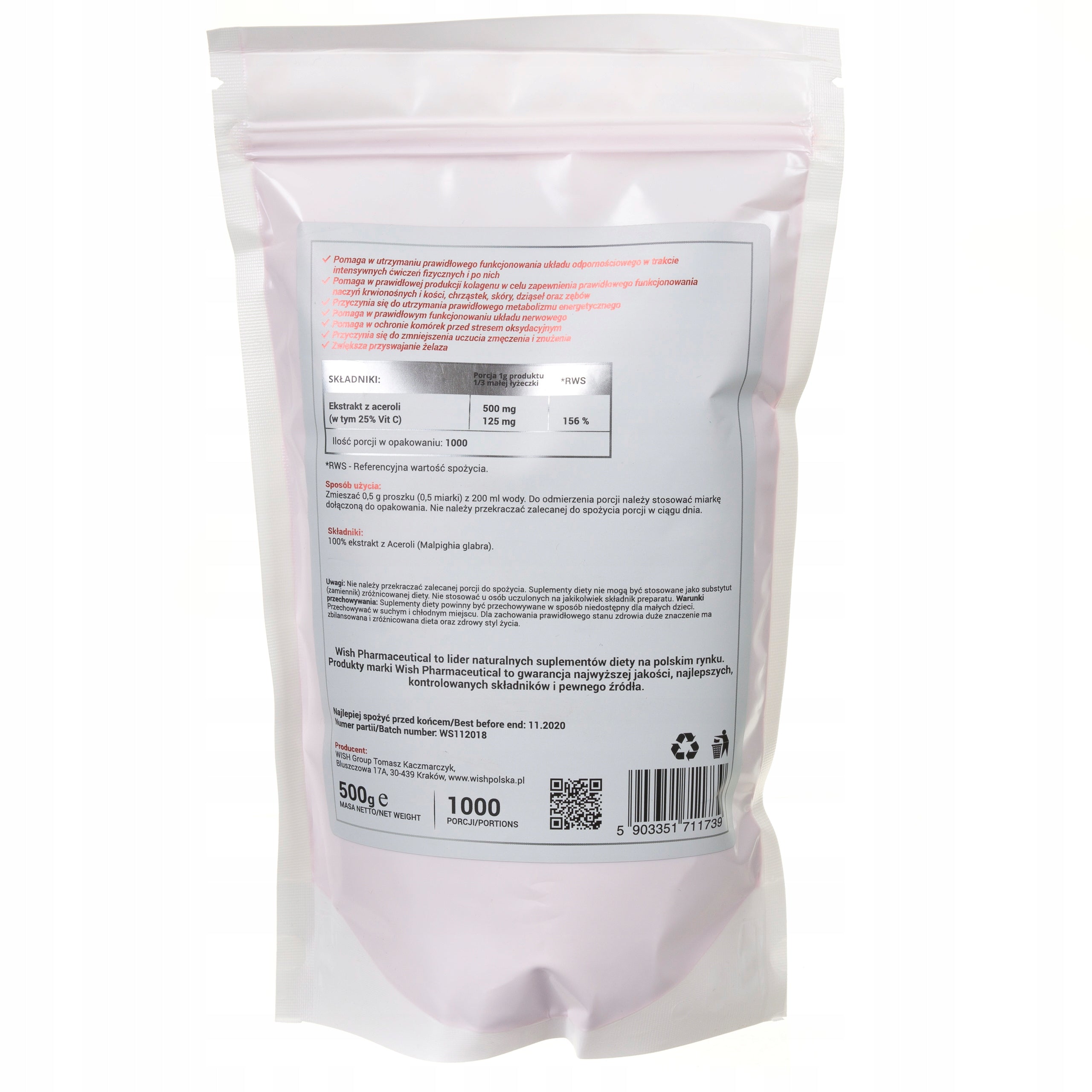 WISH Acerola 500mg Natural Vitamin C Powder 500 g Medical device no
