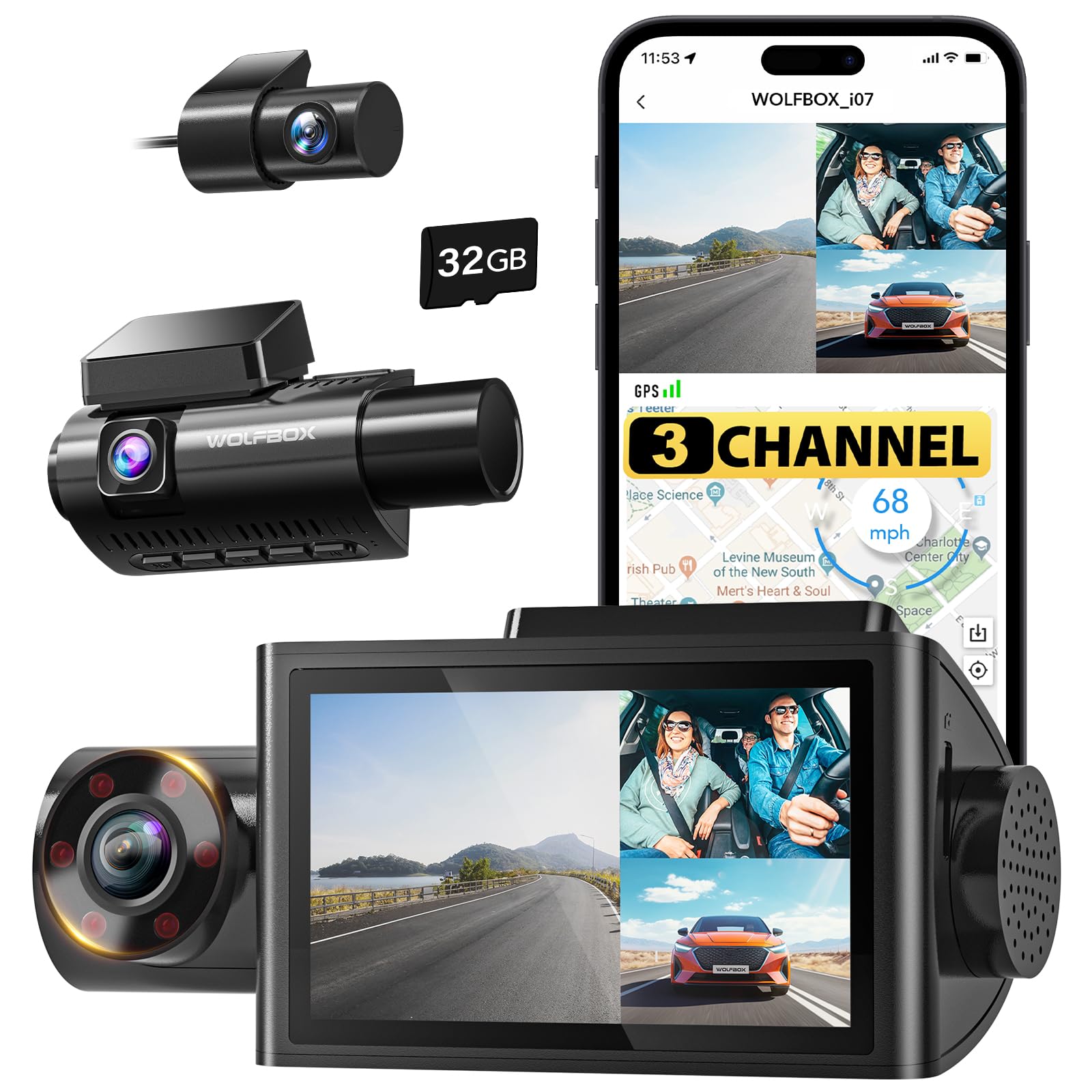 WOLFBOX Car Camera 3-Channel 4K WiFi GPS Night Vision 512GB
