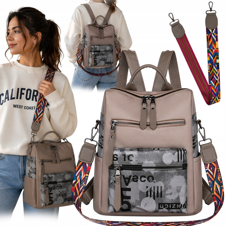 WOMEN'S BACKPACK BEIGE SMALL BACKPACK CITY SHOULDER BAG LIGHT 2IN1