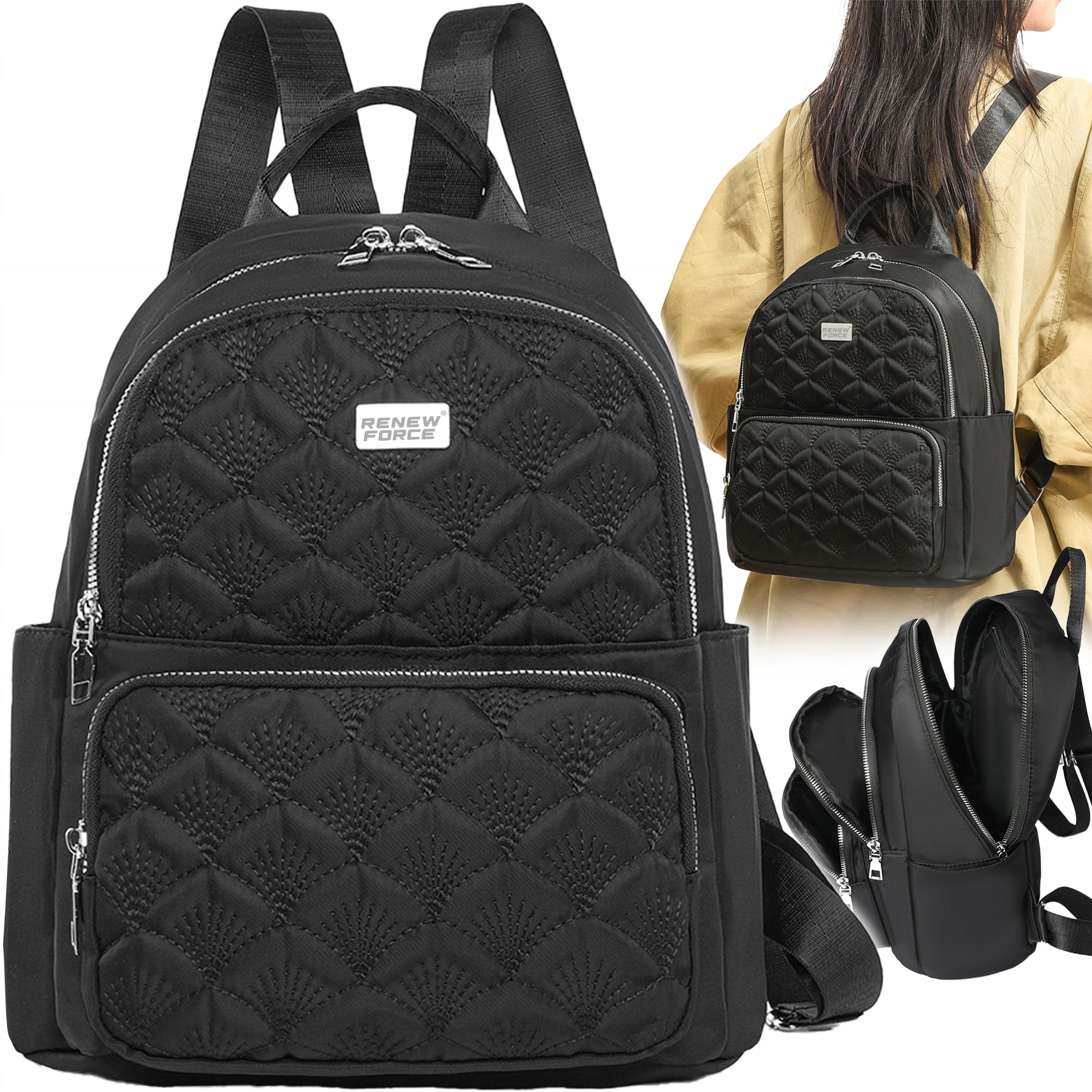 WOMEN'S BACKPACK BLACK BACKPACK ROOMY Silver Zipper A4 for Women Female