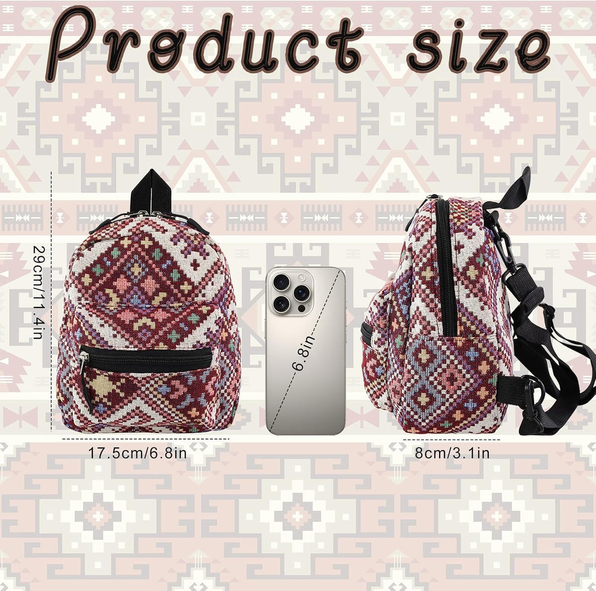 WOMEN'S BACKPACK MINI BOHO 29X17,5X8 CM BLACK WITH ZIPPER PATTERN Brand no brand