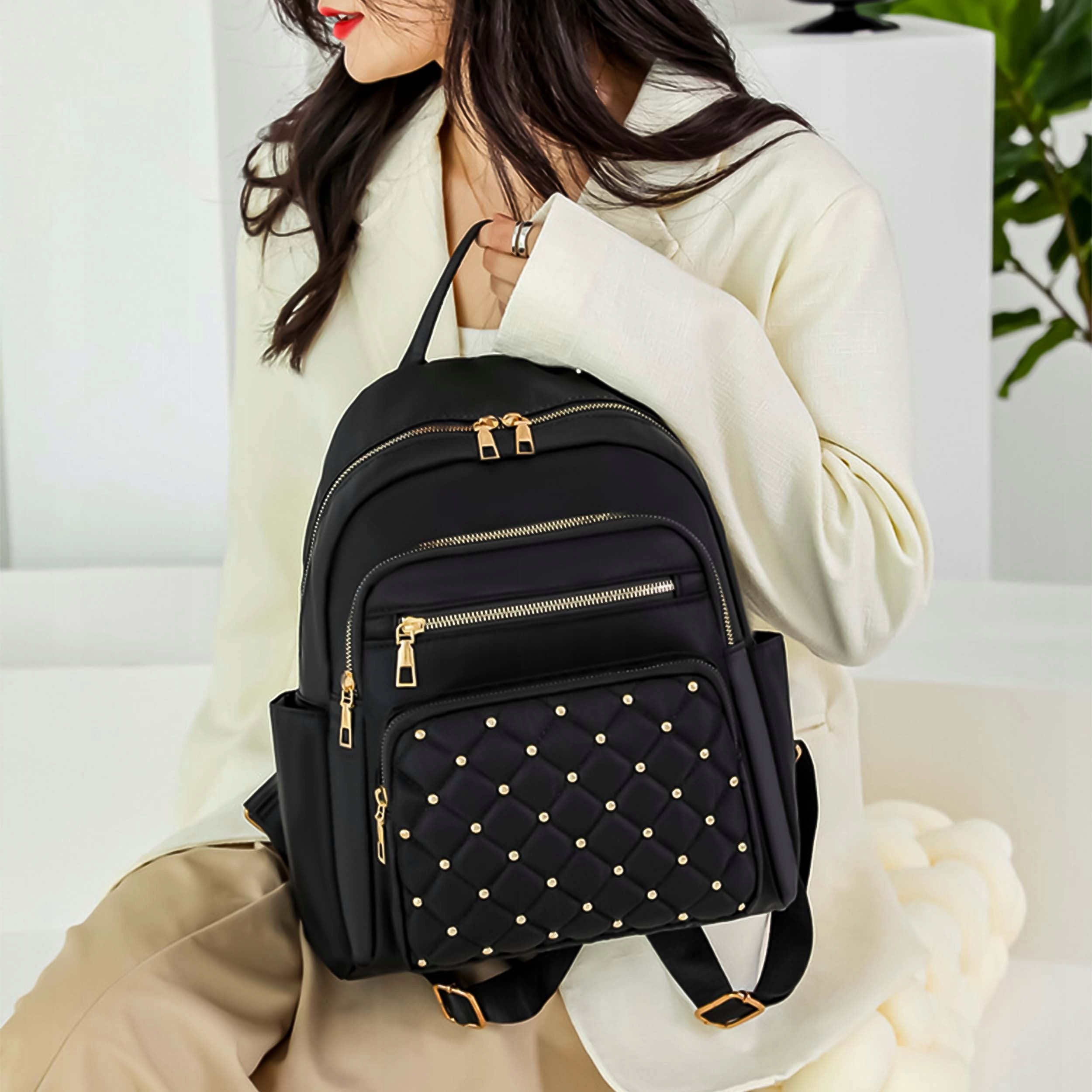 WOMEN'S BACKPACK ROOMY Urban School QUILTED Shoulder Bag Lightweight Black Packaging status original