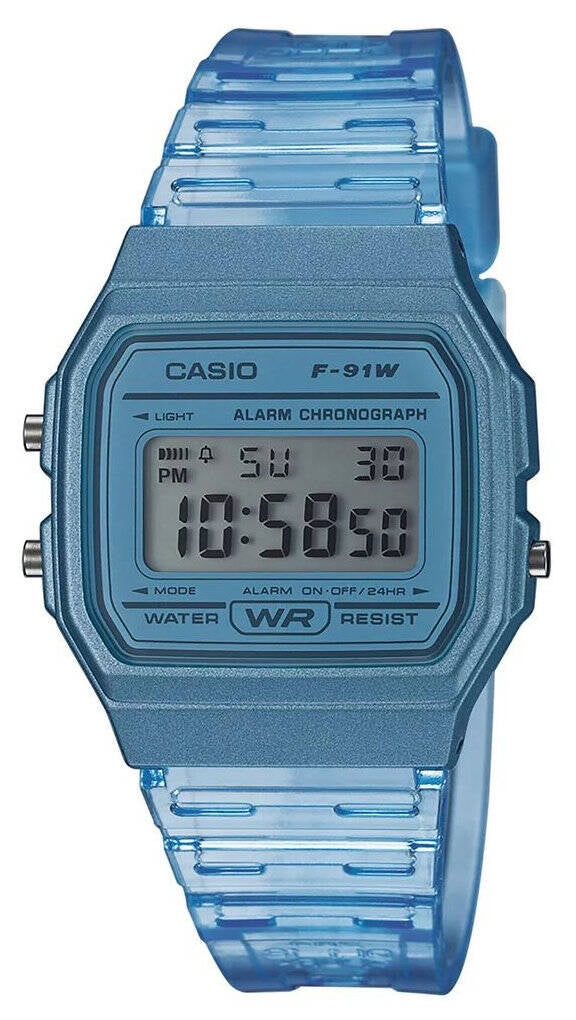 WOMEN'S BLUE TRANSPARENT WATCH CASIO F-91WS -2E VINTAGE RETRO STYLE Brand CASIO