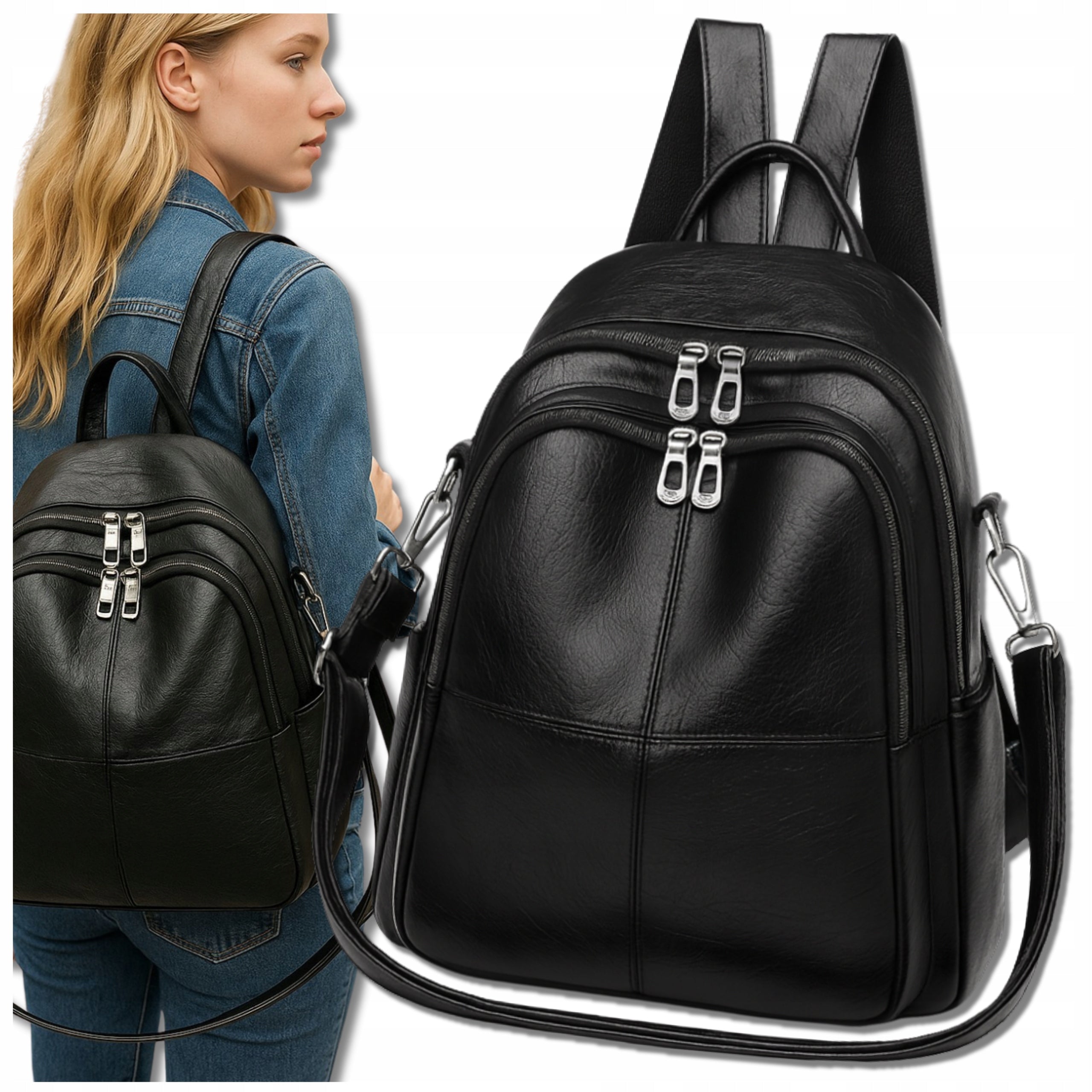 WOMEN'S CITY BACKPACK BLACK Shoulder Strap School Bag 2in1